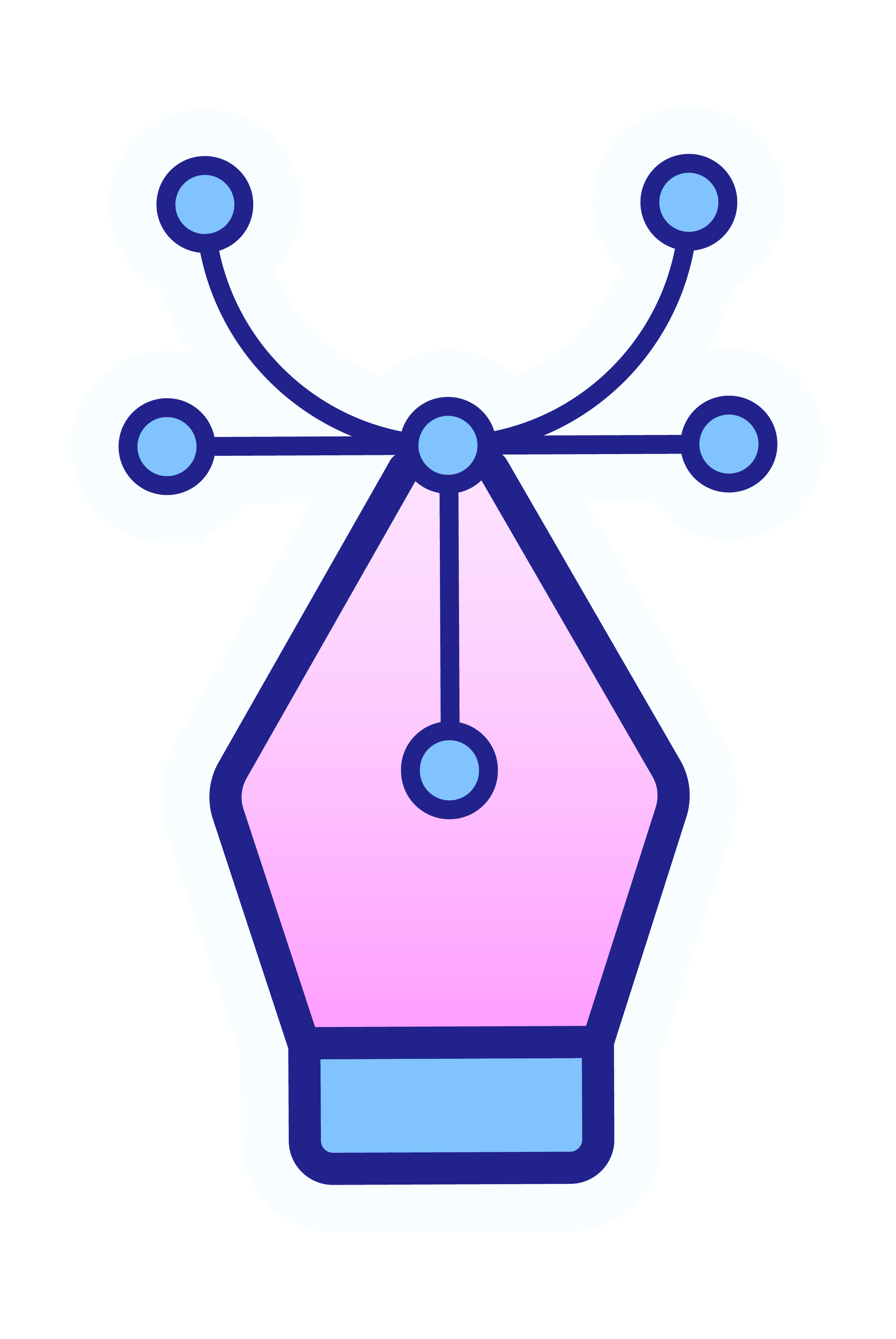 Une illustration simplifiée d'une plume à écrire en train d'écrire, avec un tracé violet pâle indiquant la trajectoire de l'écriture.