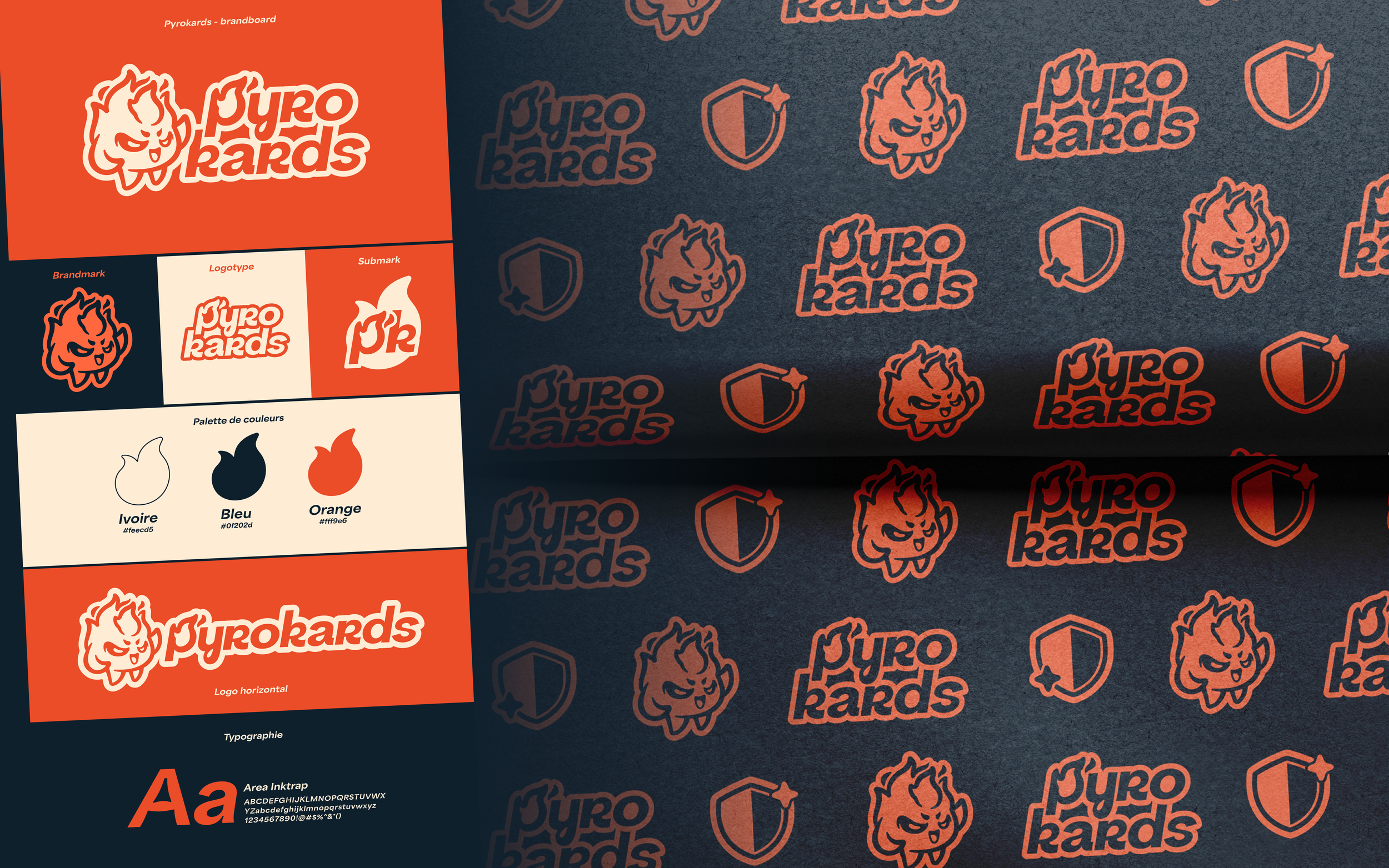 Une planche de branding montrant le logo, la palette de couleurs, la typographie et l'identité visuelle de la marque 'Pyrokards', un logo de mascotte de dessin animé d'un petit démon ou esprit de feu, couleurs orange, noir, ivoire et bleu.
