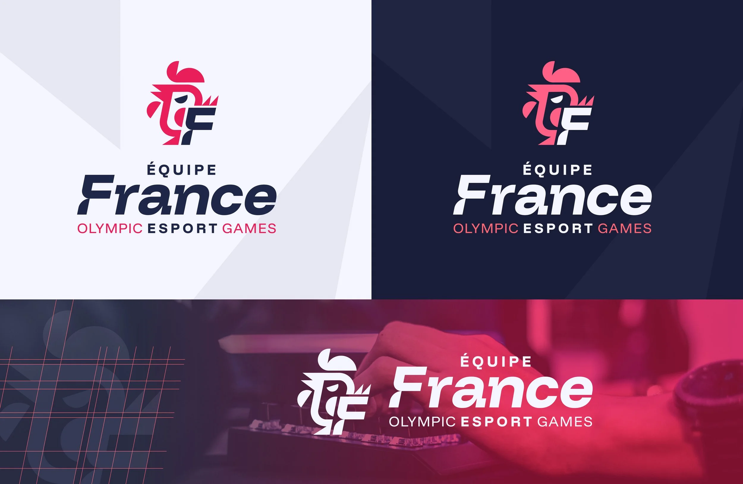 Logos de l'équipe France pour les Jeux Olympiques d'e-sport, avec un design stylisé d'une tête de coq en rouge et bleu et le texte 'ÉQUIPE France' et 'OLYMPIC ESPORT GAMES' en dessous.