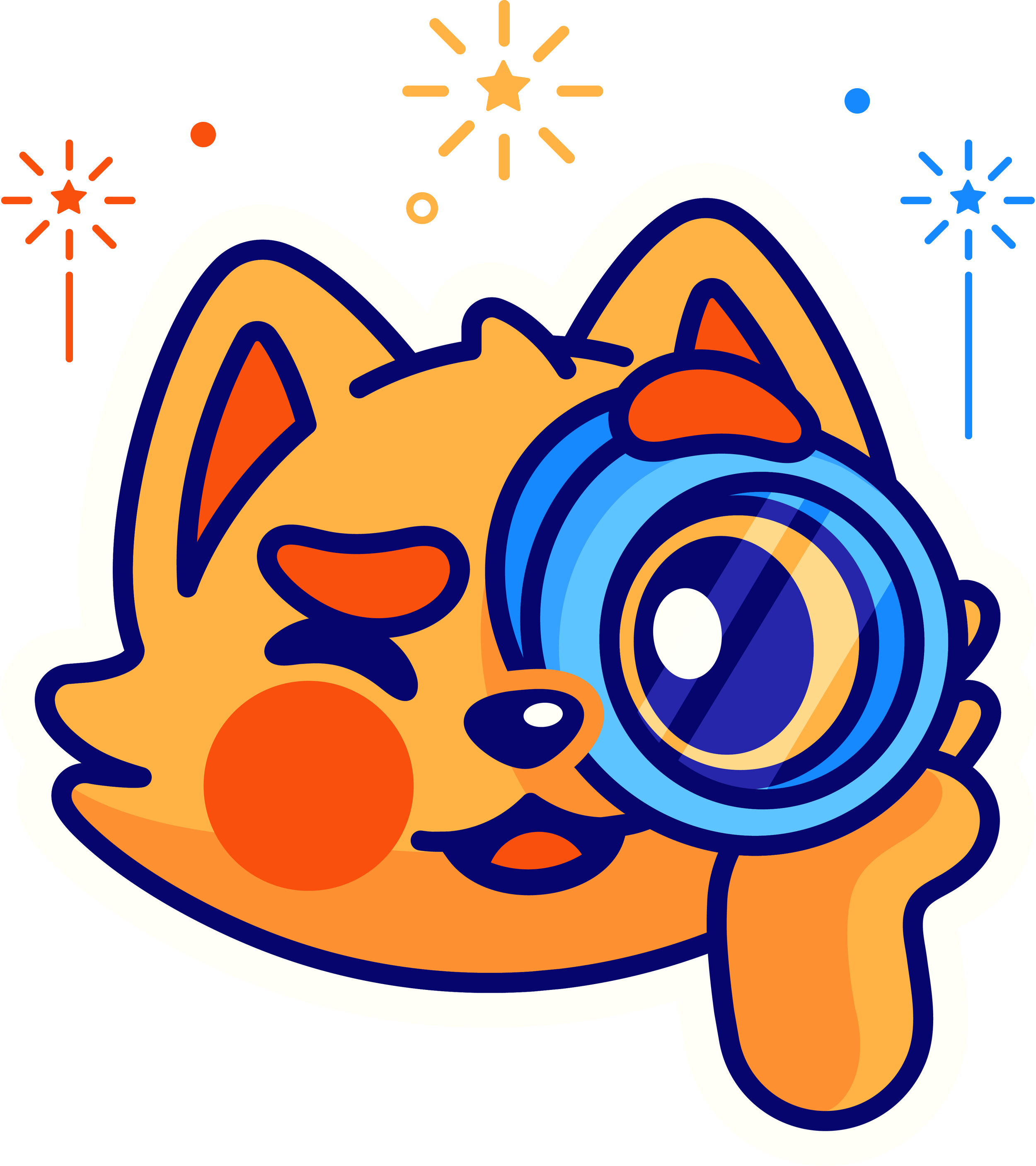 Illustration stylisée d'une tête de chat en couleurs vives avec des motifs géométriques, entourée d'étoiles et de motifs décoratifs.