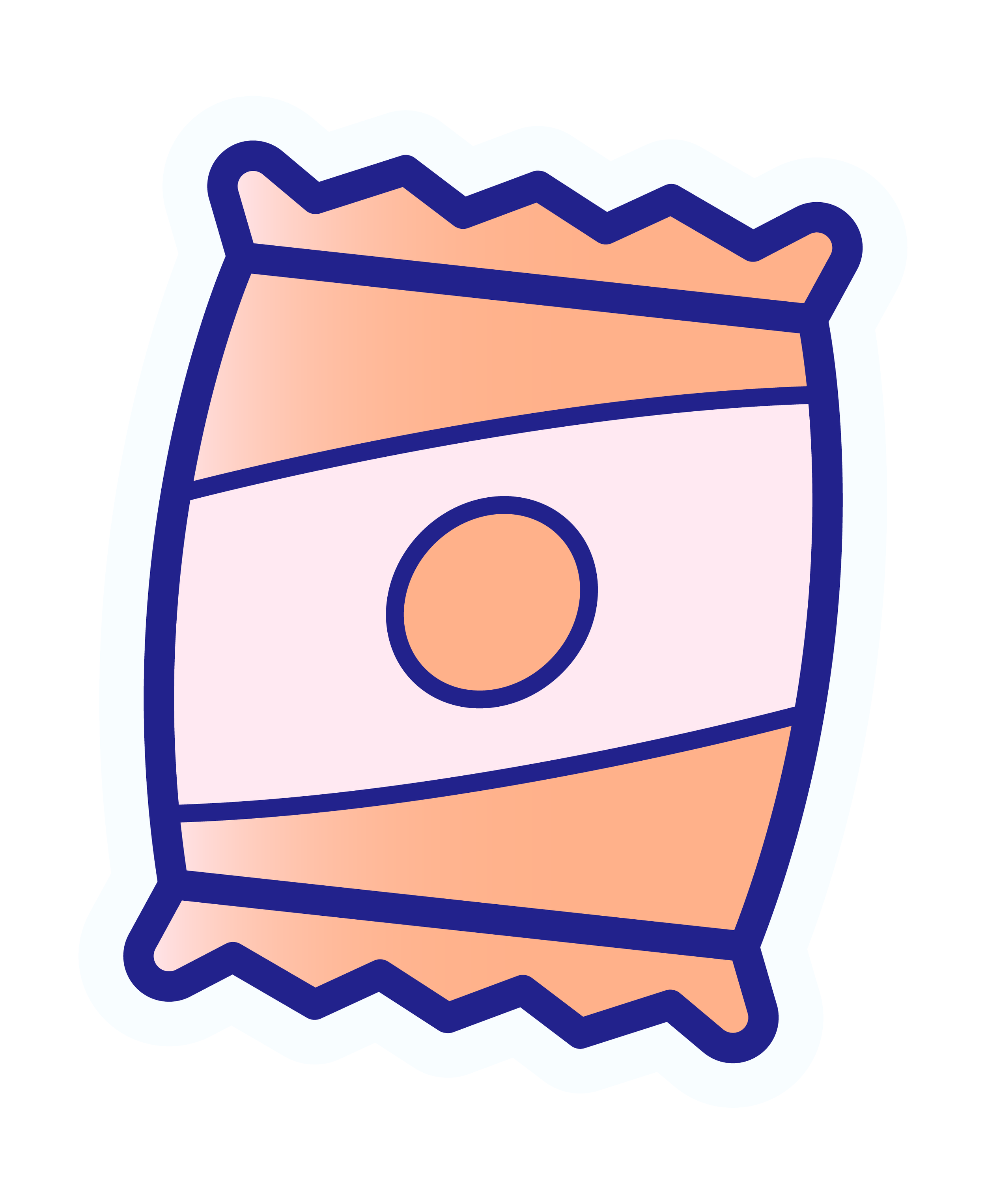 Une illustration d'un sac en papier de couleur rose avec des finitions en bleu foncé et une bouton orange au centre.