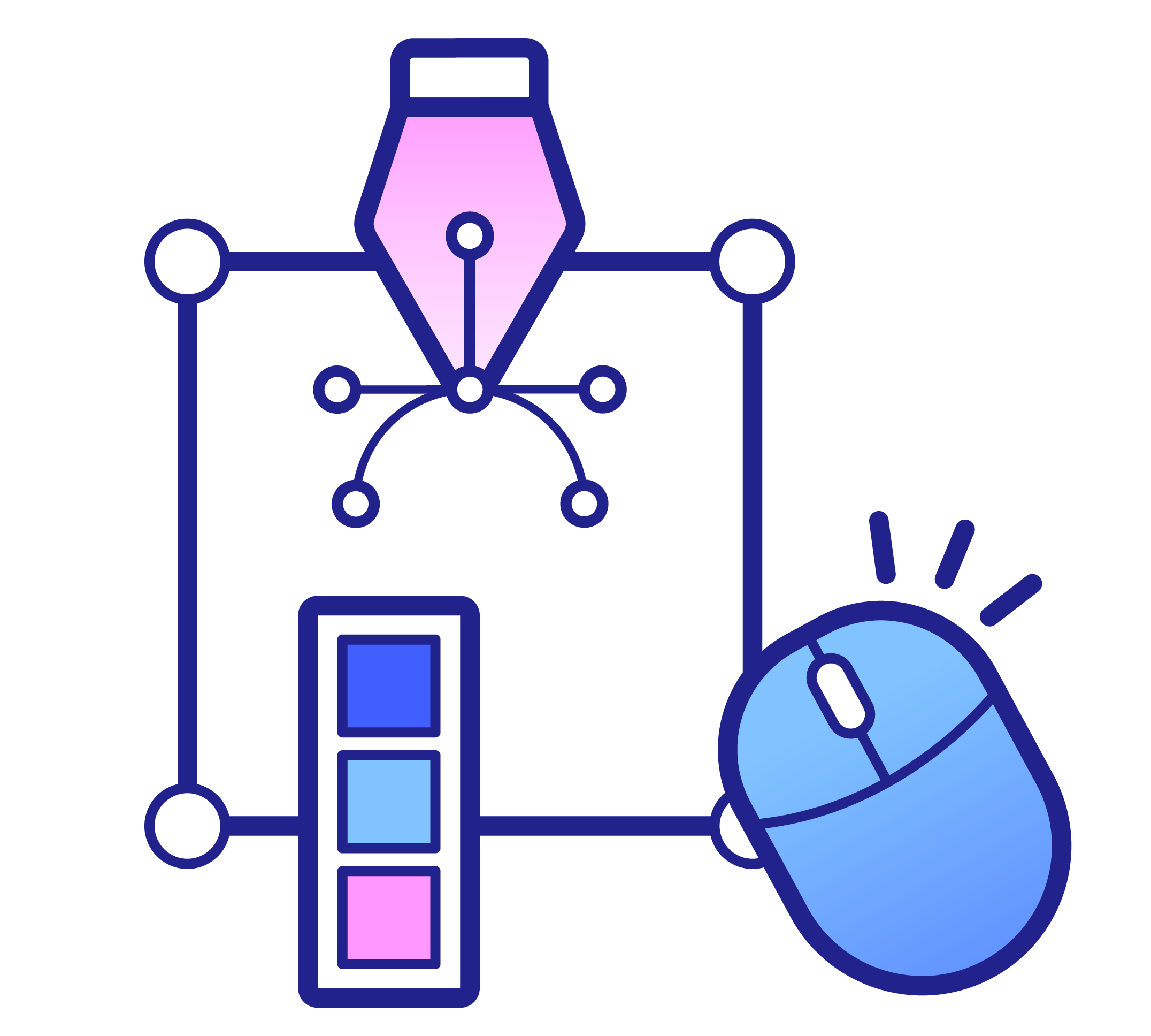 Illustration numérique d'un ordinateur portable, d'une montre, d'une calculatrice, et d'une boîte de peinture, en style graphique plat sur fond bleu