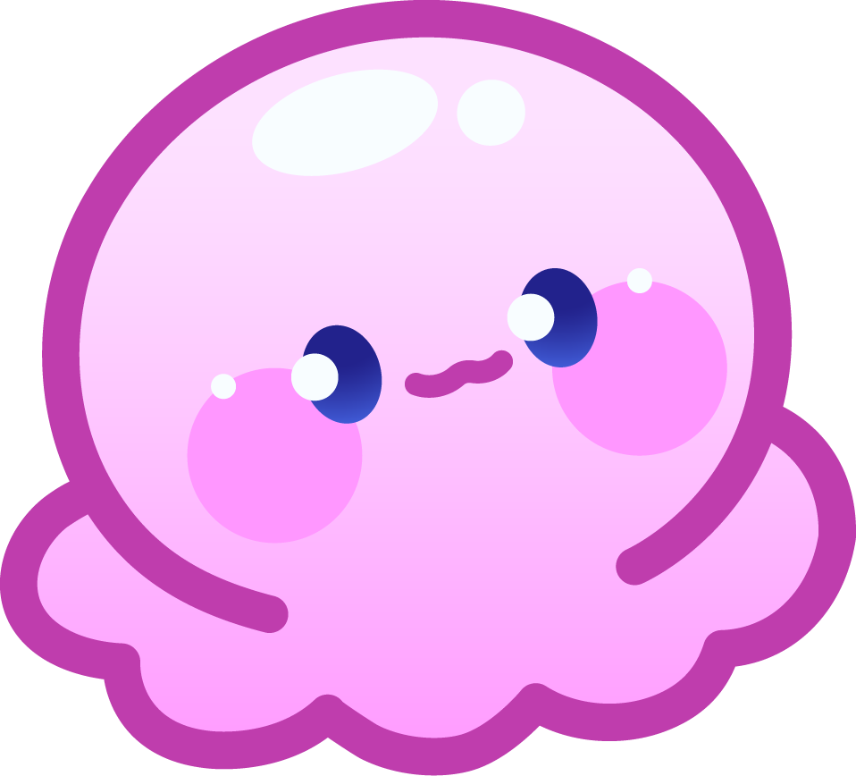 Illustration mignonne d'une créature rose avec de grands yeux bleus, des joues roses et un sourire, sur fond violet.