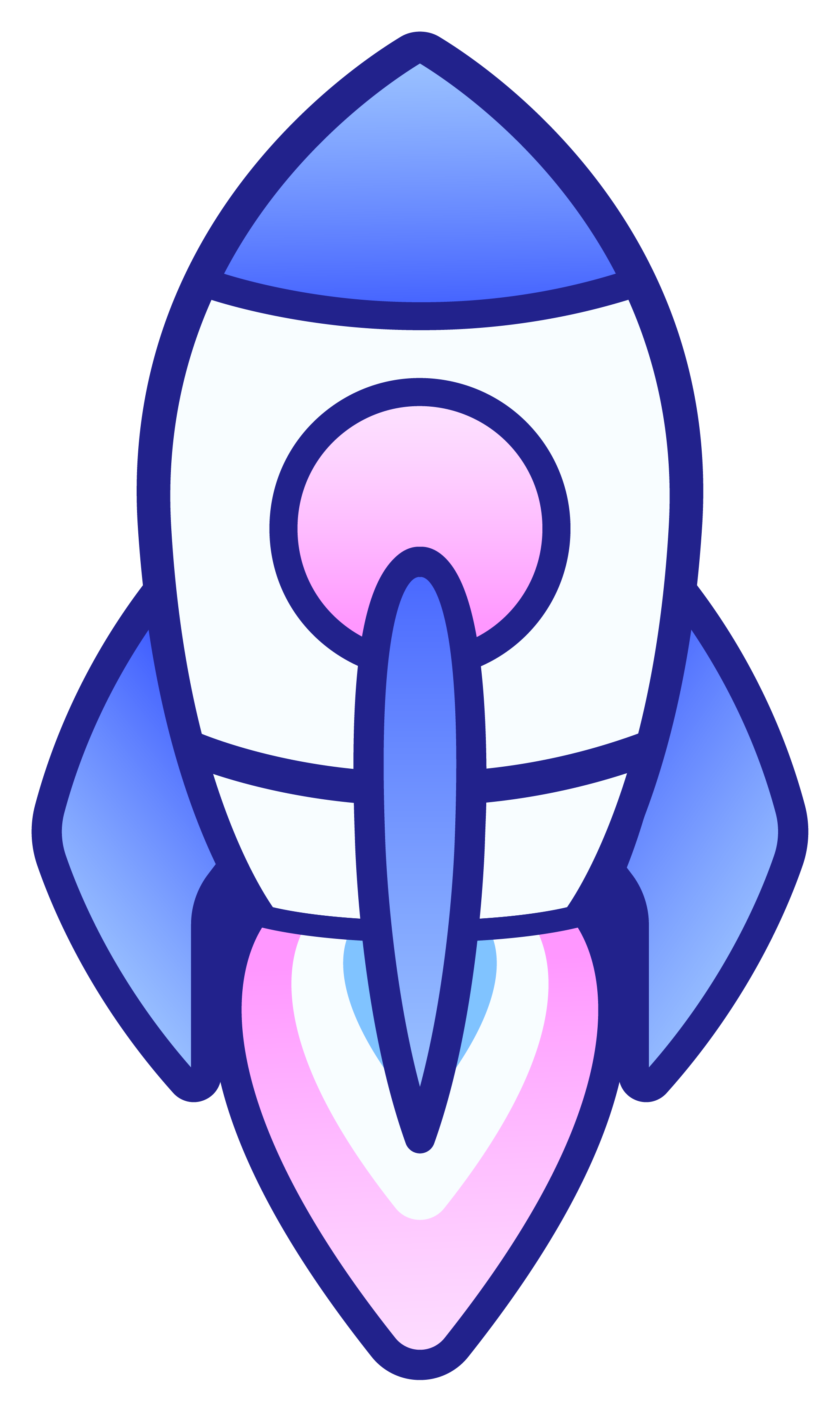 Illustration de fusée stylisée en couleurs violettes, bleues et roses avec un design minimaliste.