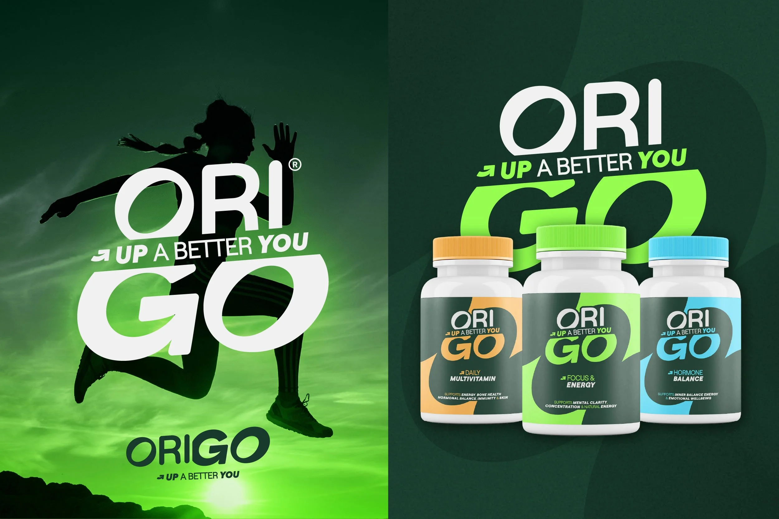 Une jeune femme en position de course ou de saut, silhouette noire contre un fond vert, avec le texte "ORI UP A BETTER YOU GO" en blanc et vert, et des compléments nutritionnels ORI avec différentes couleurs de capuchons et étiquettes.