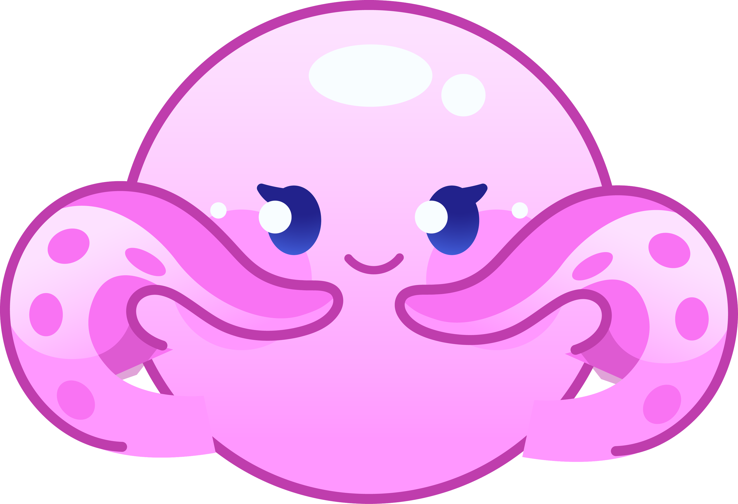 Une illustration d'un personnage de dessin animé de couleur violette avec des gros yeux bleus, un sourire et des points violets sur le corps, ressemblant à une créature mignonne et fantastique.