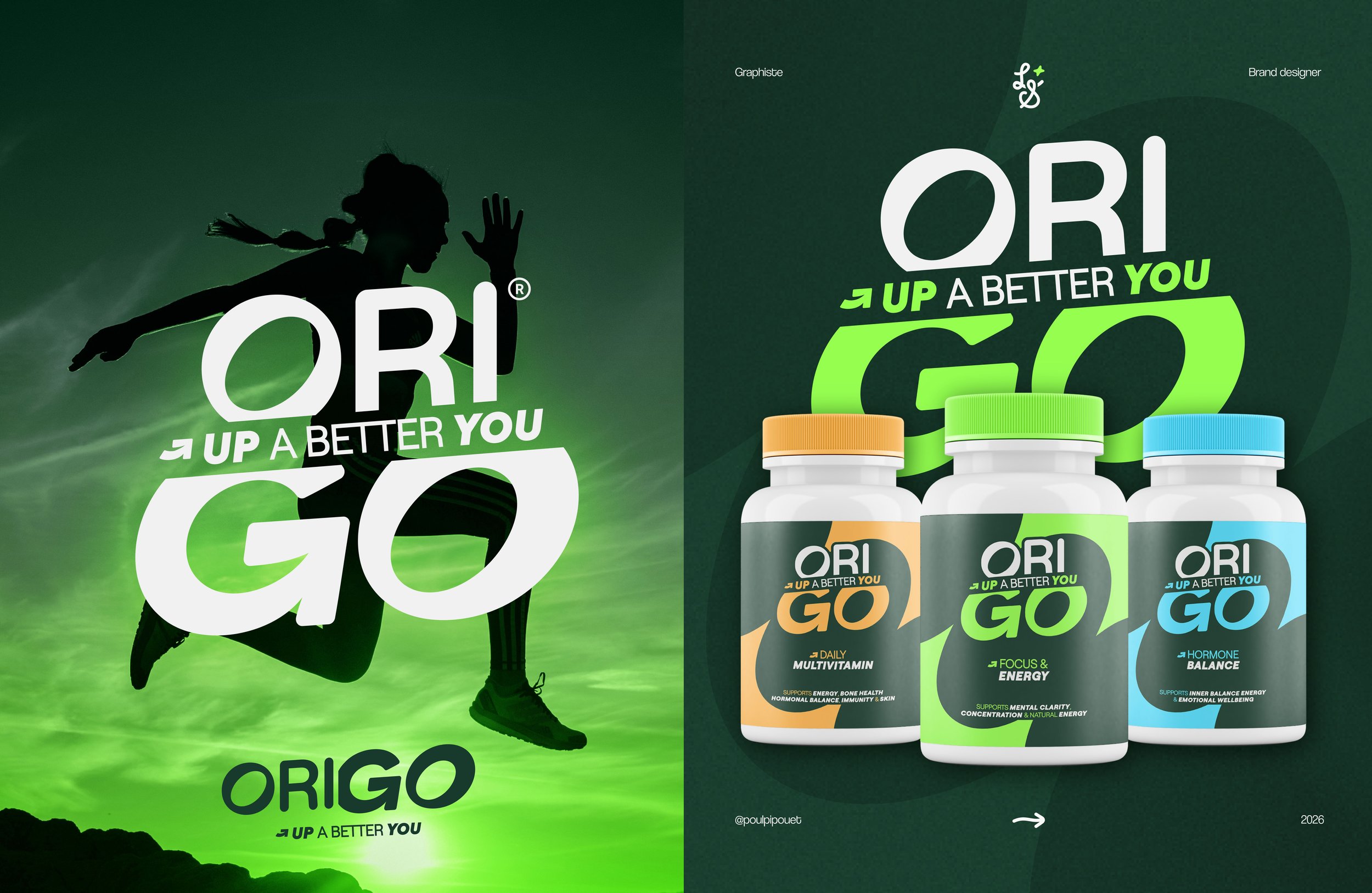 Une jeune femme en position de course ou de saut, silhouette noire contre un fond vert, avec le texte "ORI UP A BETTER YOU GO" en blanc et vert, et des compléments nutritionnels ORI avec différentes couleurs de capuchons et étiquettes.