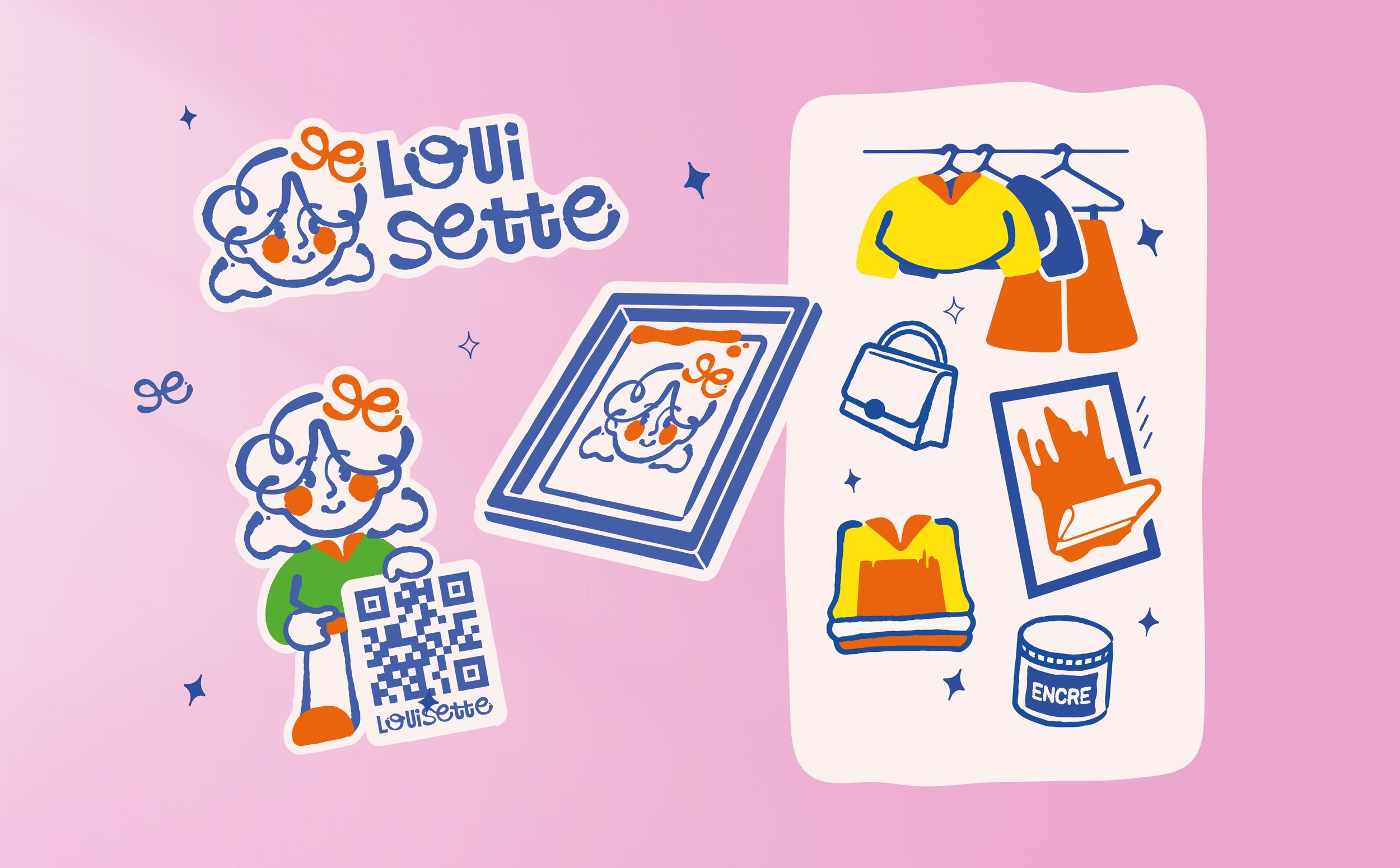 Illustration colorée d'une personne tenant un téléphone avec un code QR, devant une affiche avec un dessin de Louisette, une étagère avec des vêtements, et divers objets comme une bouteille d'encre et un tableau