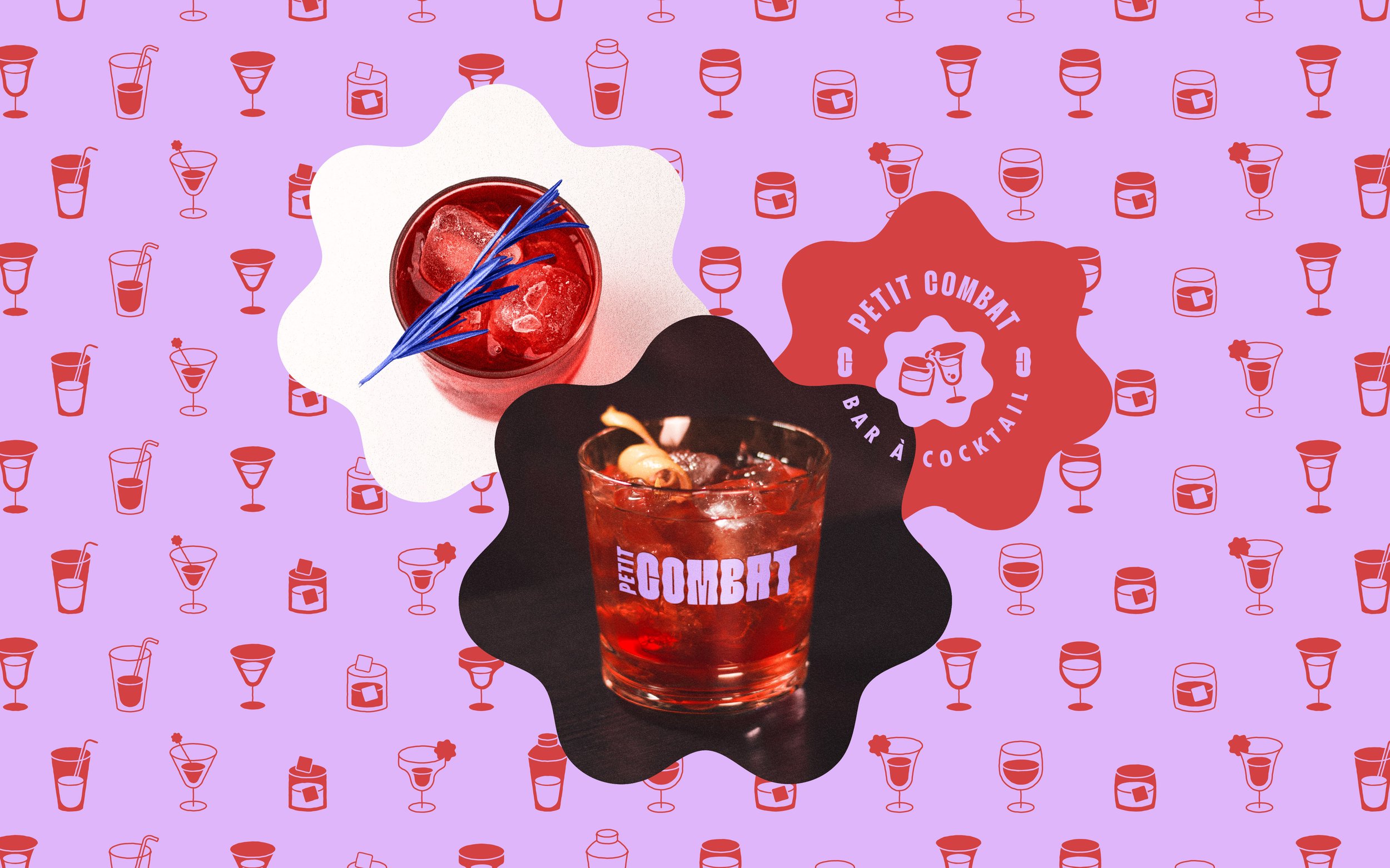 Verre de cocktail rouge avec glaçons et herbes aromatiques, décoré avec un pic