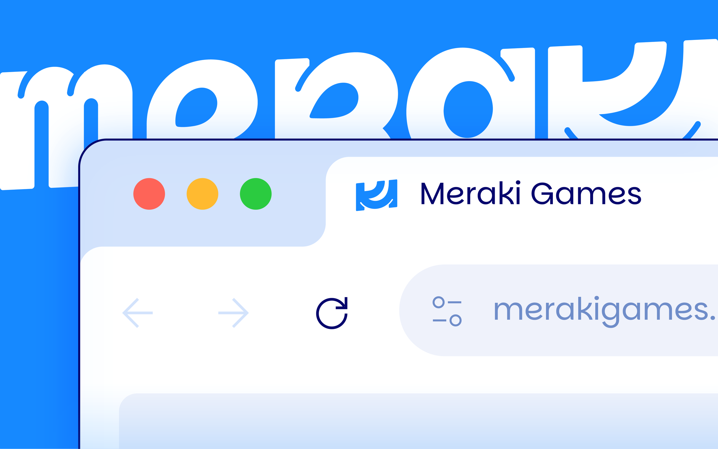 Capture d'écran d'une interface utilisateur de Meraki Games, comprenant un logo de Meraki Games, un bouton avec trois cercles rouges, jaunes et verts, et des flèches de navigation.