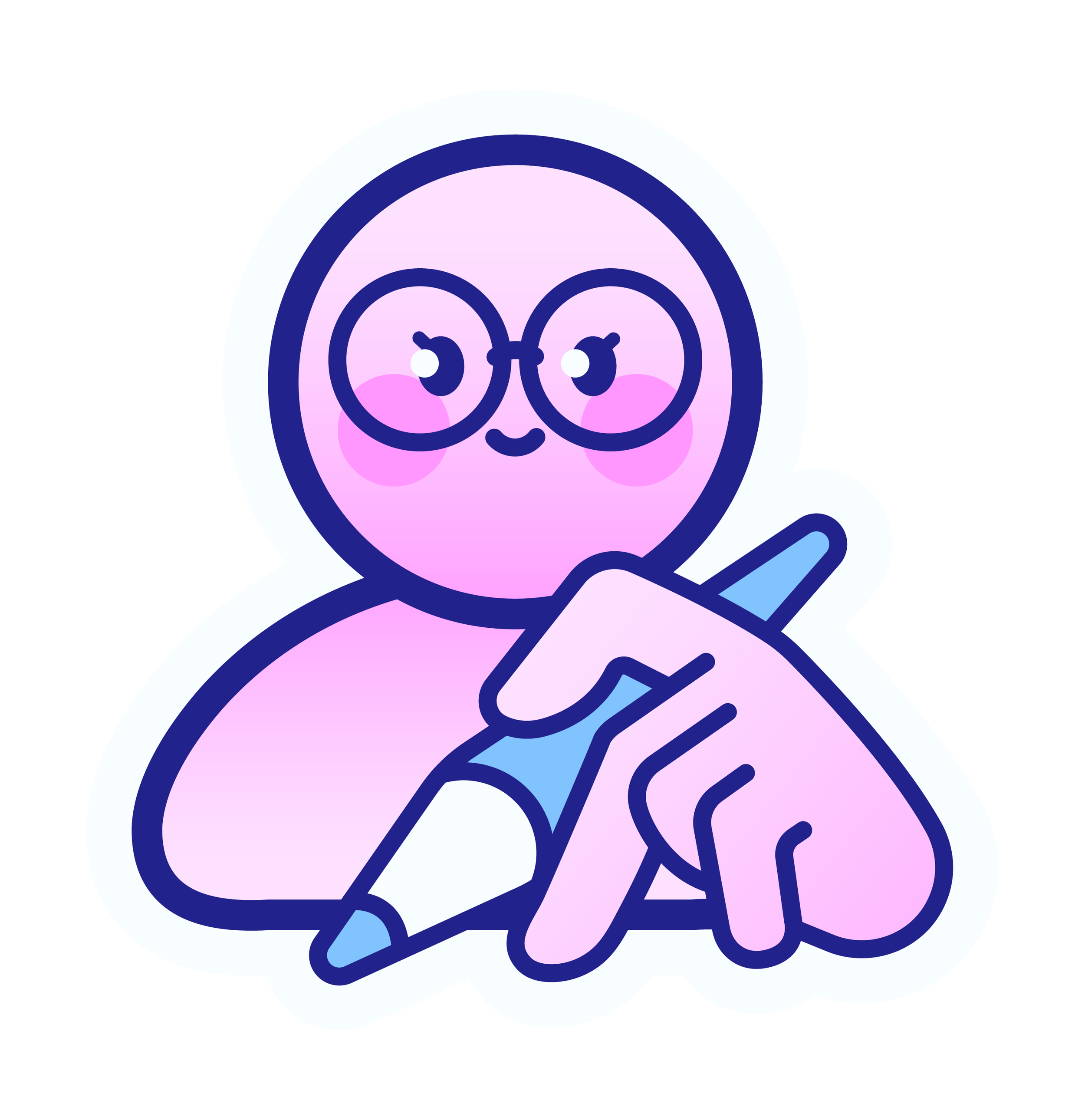 Illustration d'une petite créature rose portant des lunettes, semblable à un personnage kawaii. Elle porte un haut rose et tient un carnet bleu. Style cartoon avec traits simples et couleurs pastel.