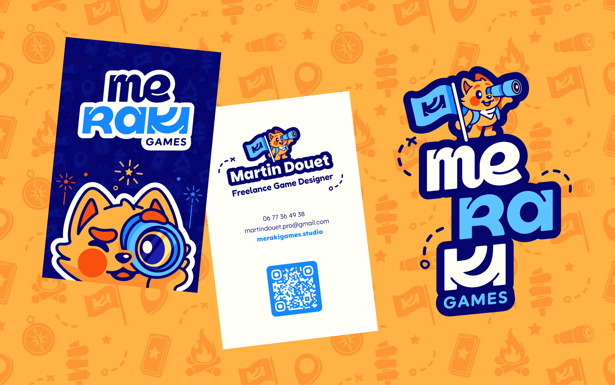 Une image colorée avec un logo de "Me Rak Games" représentant un chat portant des jumelles, et une carte de visite d'un designer de jeux indépendant nommée "Martin Douet" avec des coordonnées et un code QR, sur un fond orange avec des motifs de jeux et d'aventure.