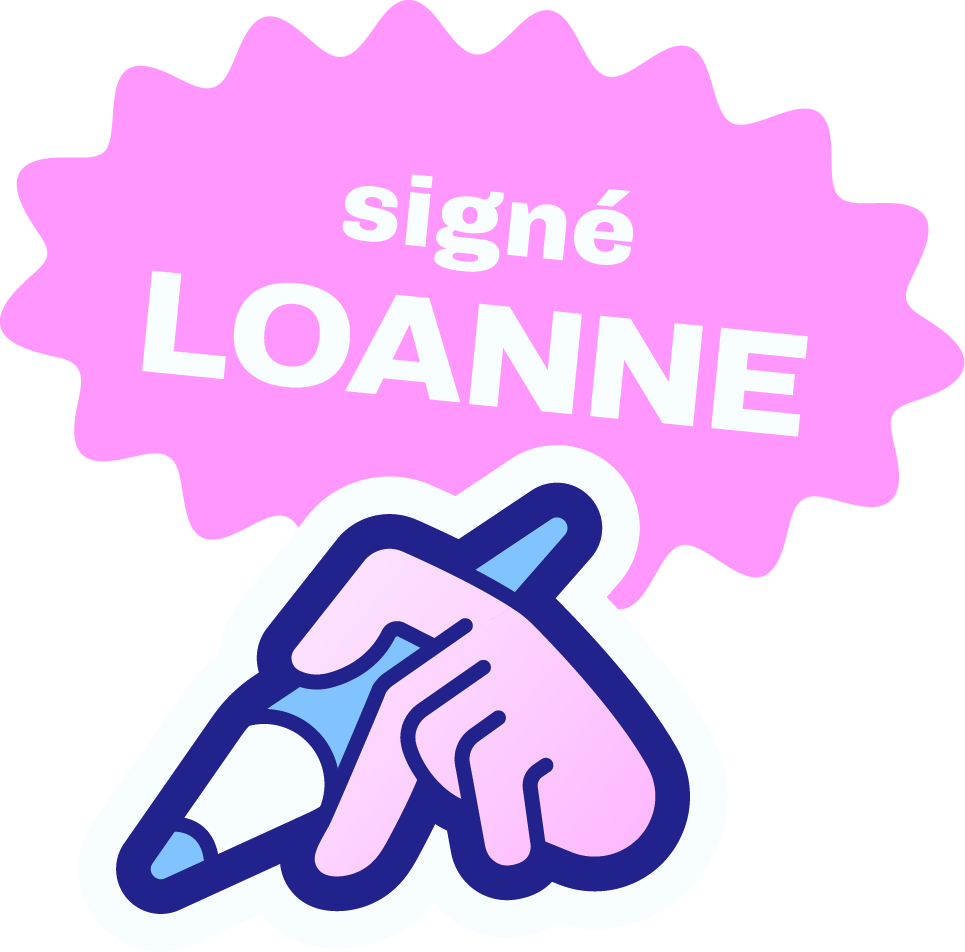 Autocollant illustré d'une main tenant un marqueur, avec un badge en forme d'explosion violette portant l'inscription "signé LOANNE" en blanc