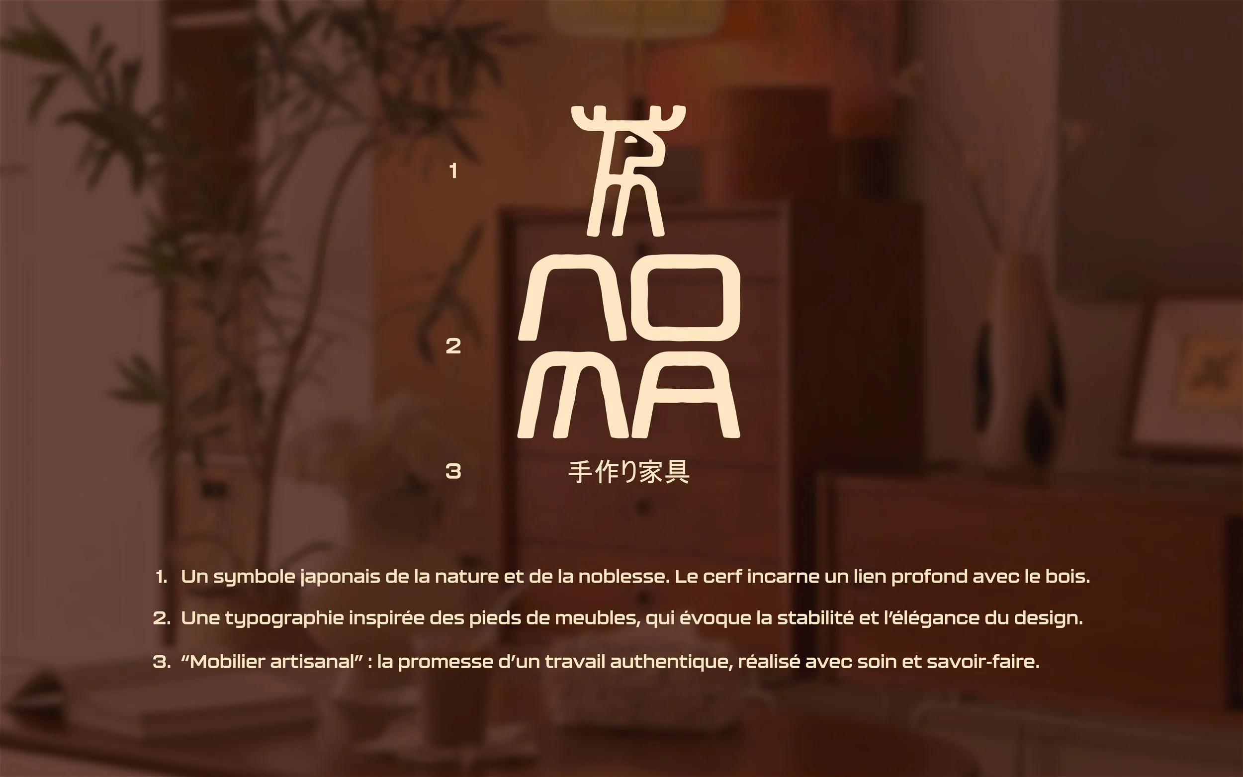 Une affiche présentant trois raisons de fabriquer des meubles artisanaux, avec des textes en français et un fond de chambre intérieure, comprenant une plante verte et des meubles en bois.