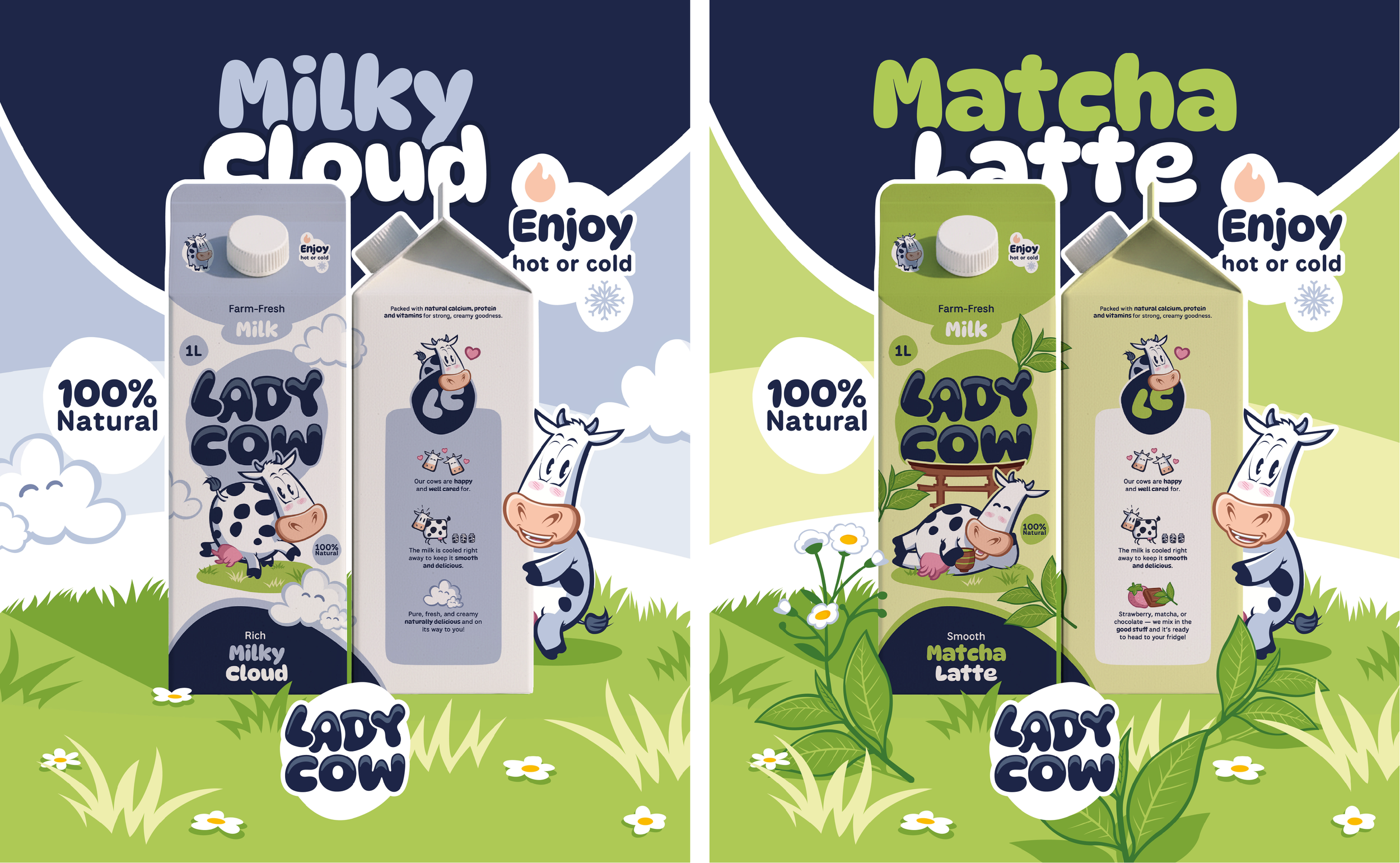 Deux paquets de lait, un à gauche nommé "Milky Cloud" et un à droite nommé "Matcha latte", chacun avec des dessins de vaches et des textes en anglais. L'un est bleu clair et l'autre vert clair, avec un fond de prairies et de fleurs.