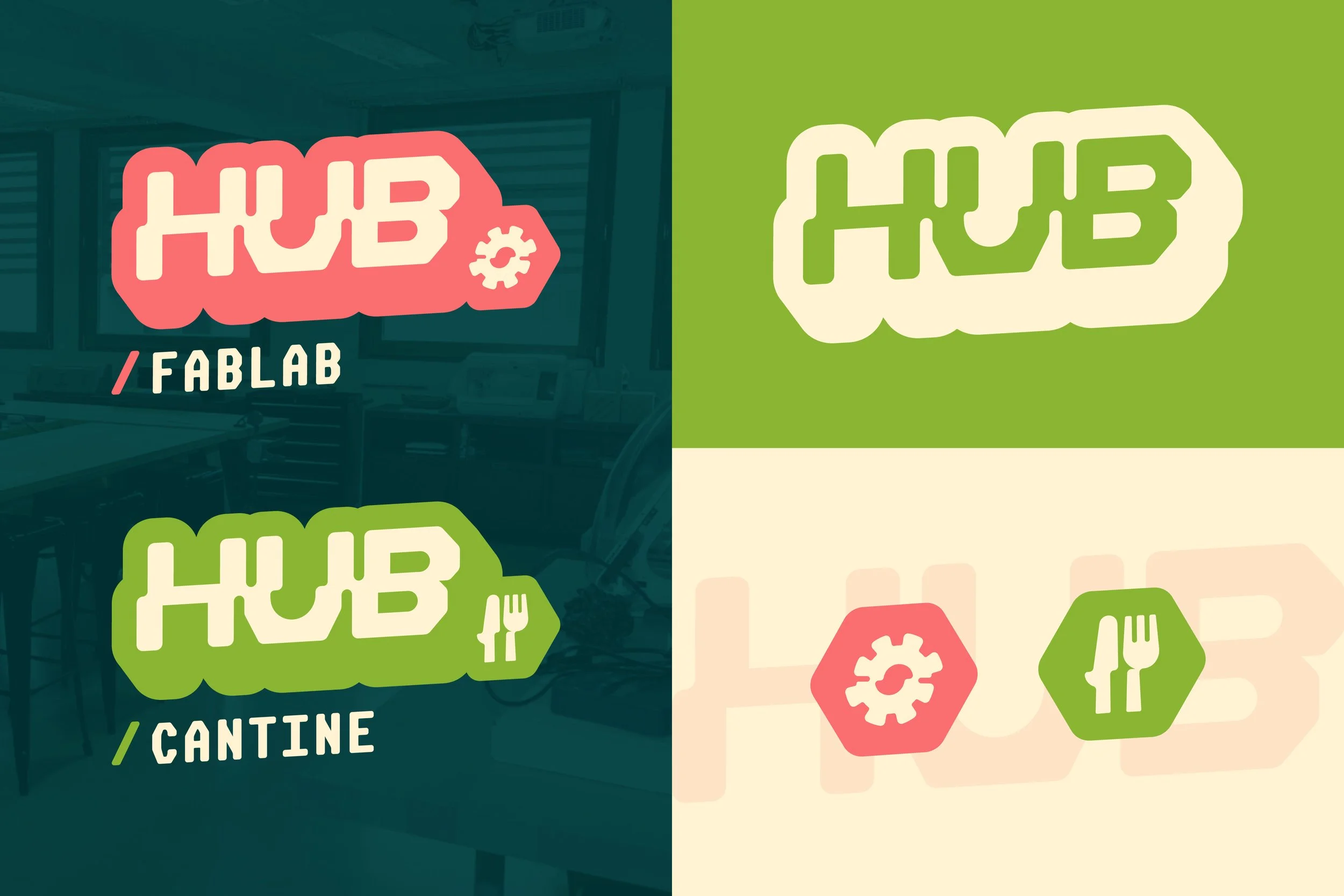 Logo de HUB Fablab, avec une icône d'engrenage, et une version simplifiée du logo sans icône, accompagné de textes en français : 'HUB Fablab' et 'cantine'.