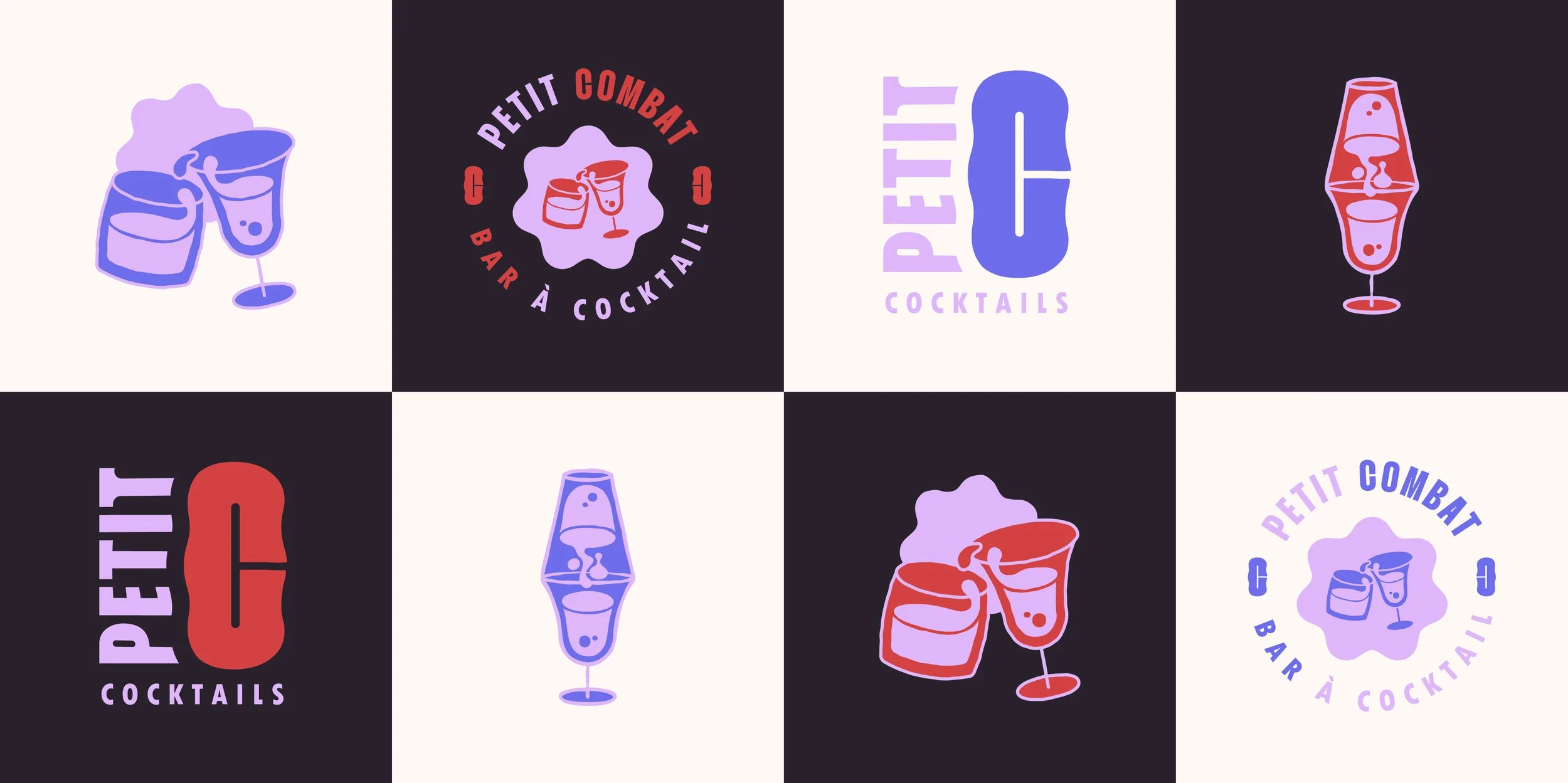Motifs de logos de cocktails avec verres colorés, texte en français "Petit Combat Bar à Cocktail" sur un fond alternant clair et foncé.