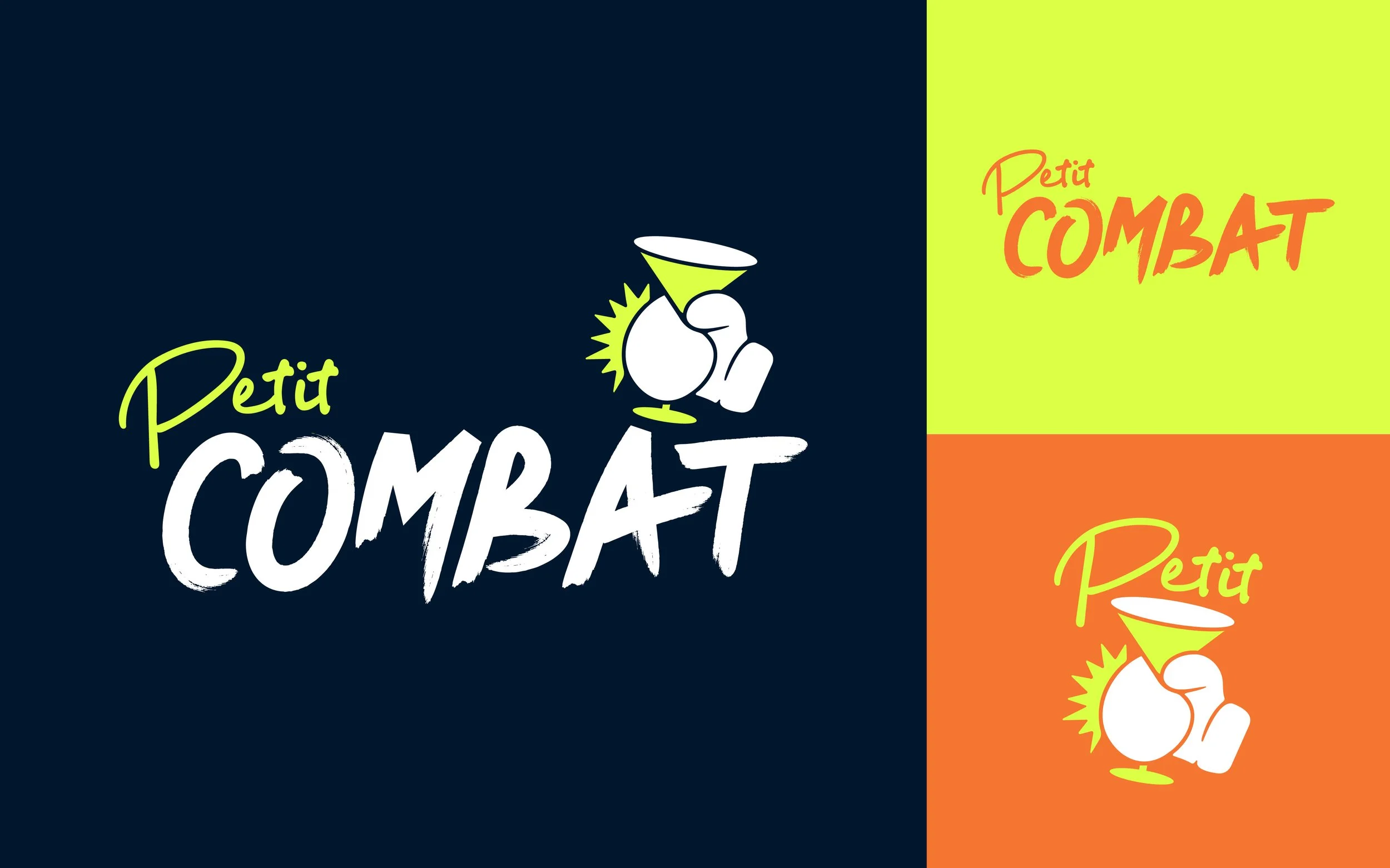 Une illustration colorée de plusieurs éléments de texte et un dessin d'une main tenant une coupe ou un trophée. Les textes incluent "Petit COMBAT" en différentes couleurs et styles, sur des fonds de couleur vert, orange, et bleu, avec un style graphique dynamique