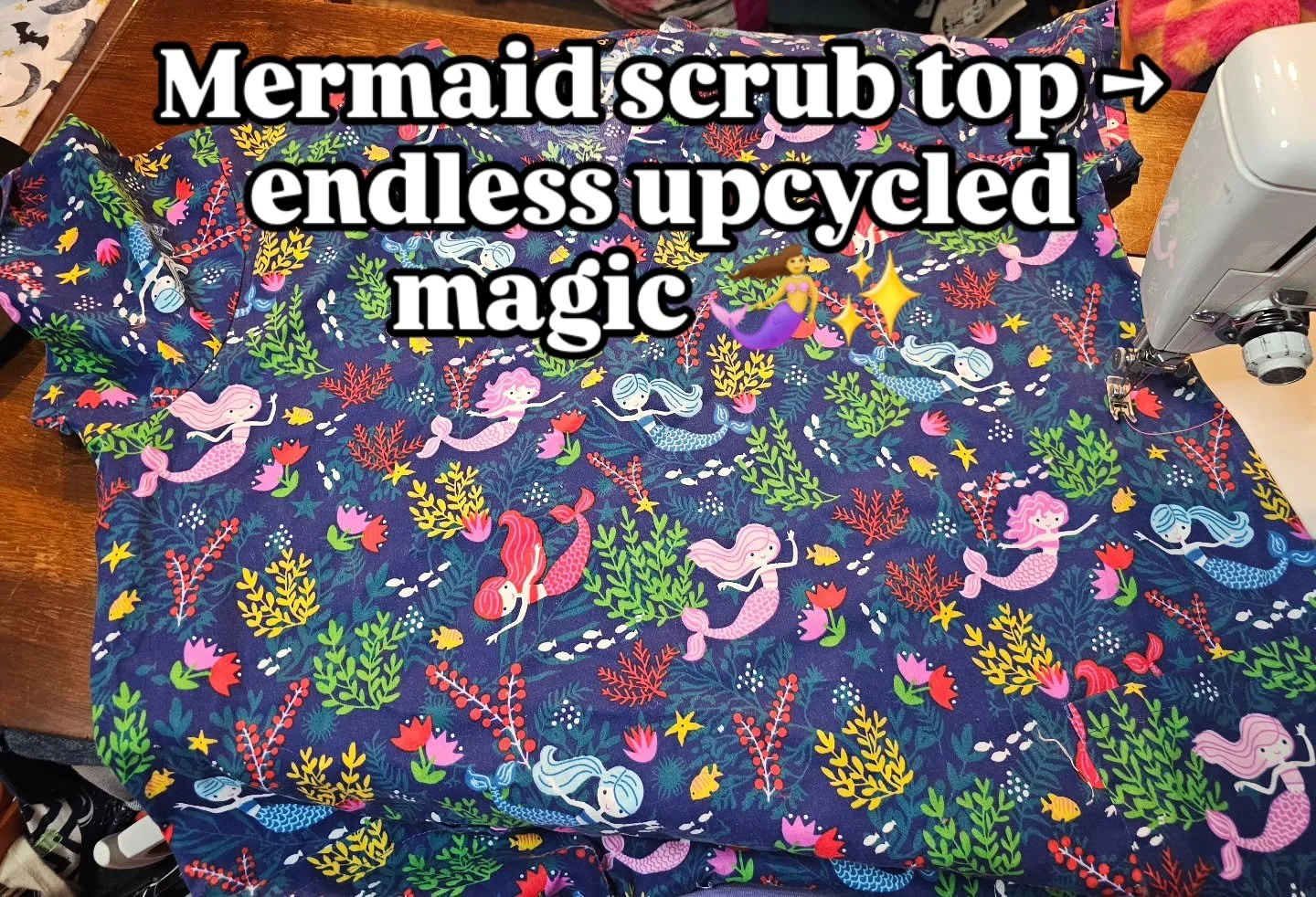 Little photo dump of what we&rsquo;re working on tonight! ✂️🧜&zwj;♀️✨
This one mermaid scrub top is getting upcycled into so many fun things &mdash; full‑size tote, mini tote, and now the leftover pieces are ready for even more magic.
I&rsquo;m thin