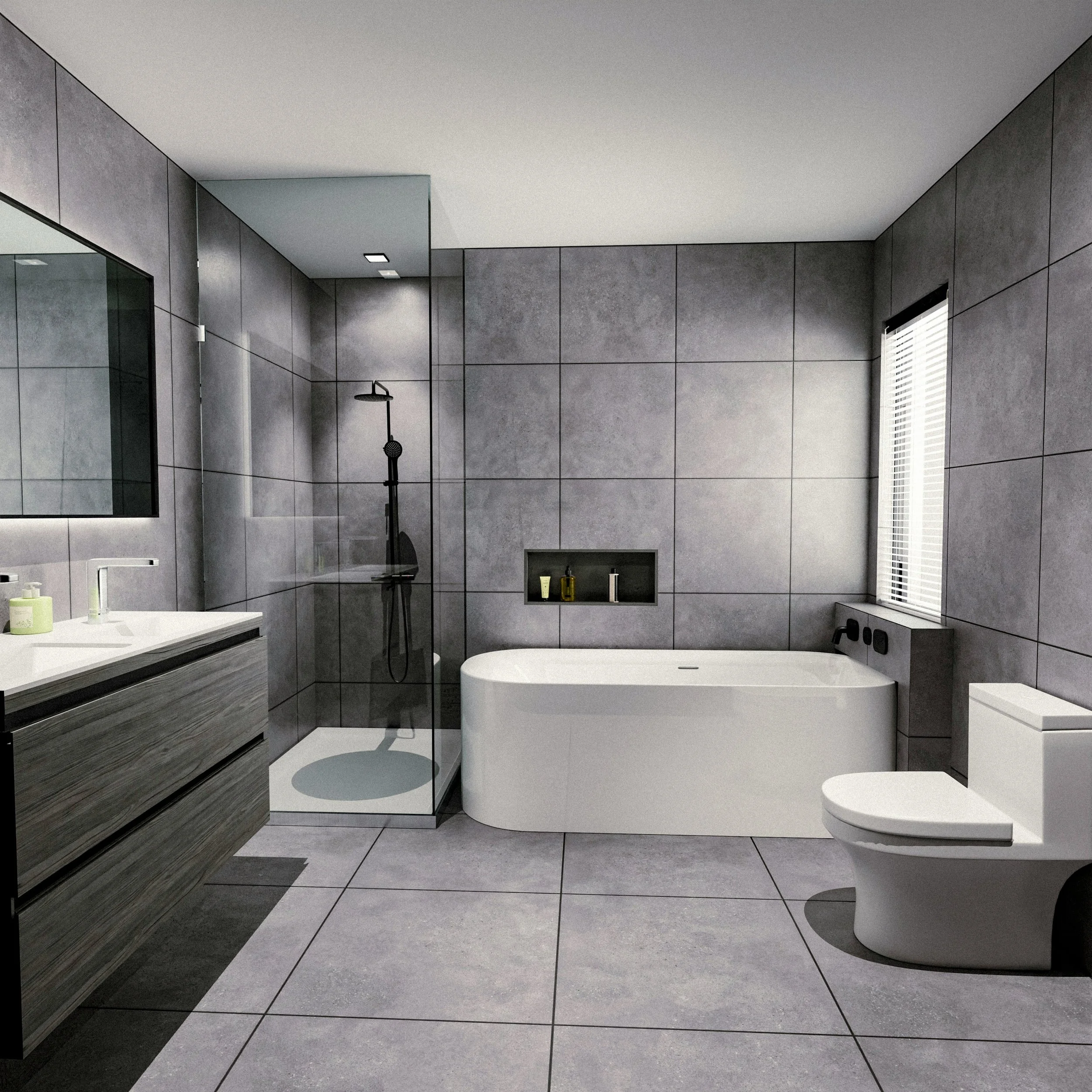 Modern bathroom with gray tiled walls and floor, a glass-enclosed shower, a large white bathtub, a wooden vanity with a mirror, and a toilet near a window with blinds.
