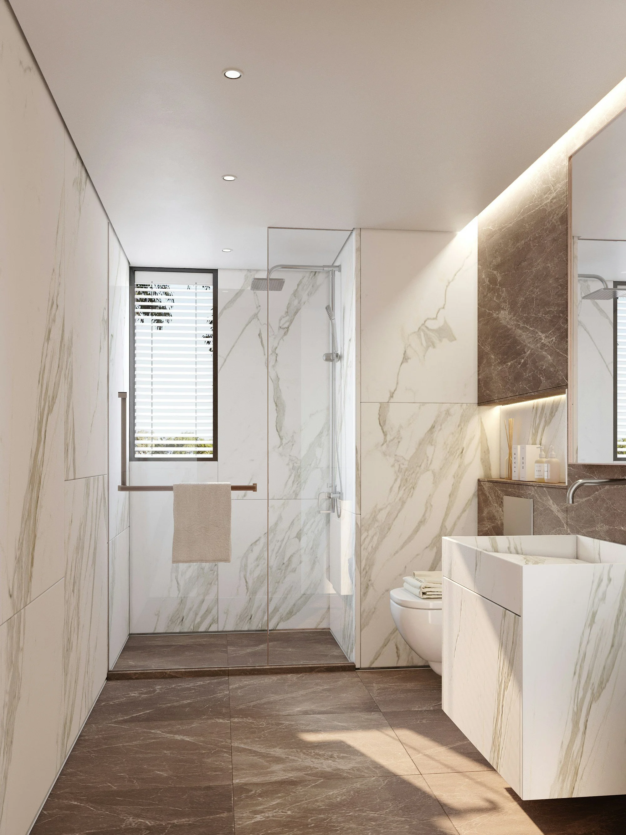 Modern bathroom with marble walls, a walk-in shower, a window with horizontal blinds, a white sink with a marble finish, and a wall-mounted toilet.