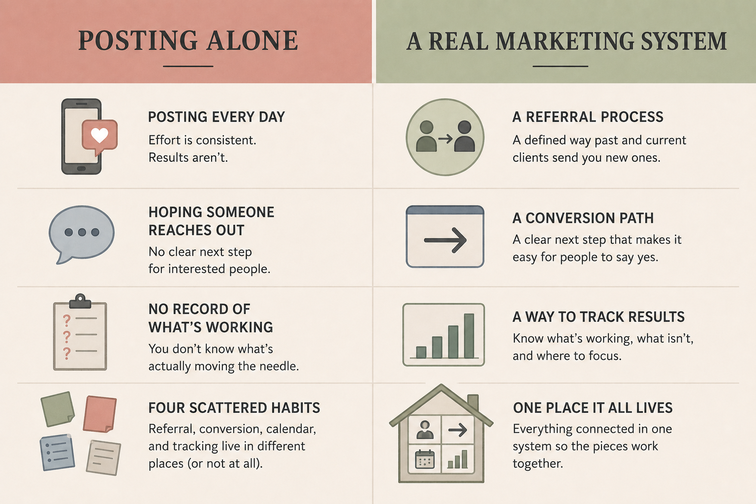 Illustrated comparison graphic showing the difference between posting alone and having a real bookkeeping marketing system.