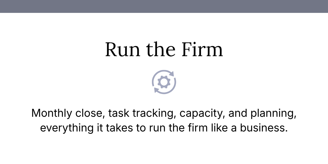 Card for the Run the Firm Core Module of the Inspired Firm OS, covering monthly close, task tracking, capacity, and planning.