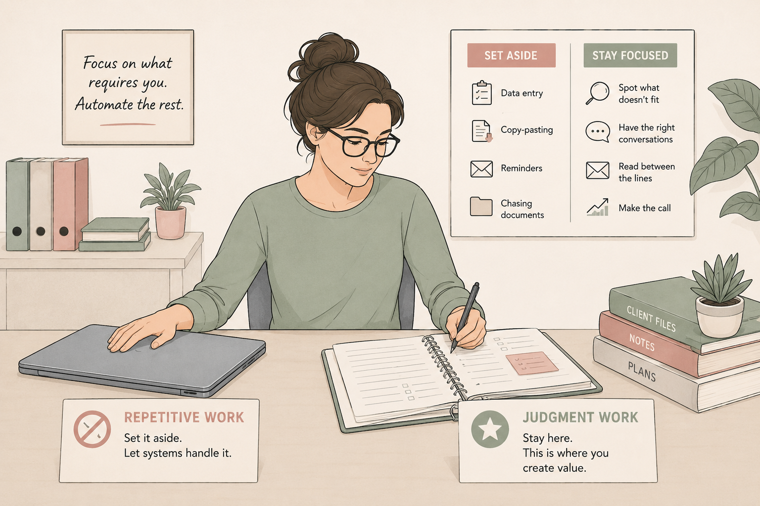 Illustration of a bookkeeper setting aside automated tasks to focus on judgment-based client work