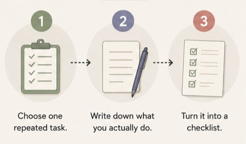 Illustrated three-step process for choosing a repeated bookkeeping task, documenting the steps, and turning it into a checklist.