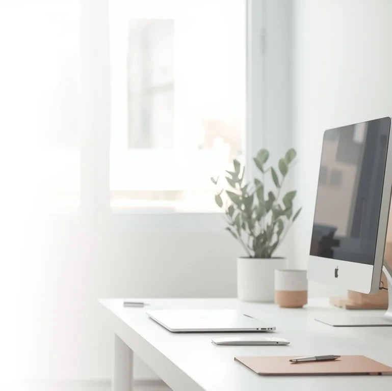 Clean, organized home office desk with computer, plant, and notebook — a bookkeeping firm owner's workspace.