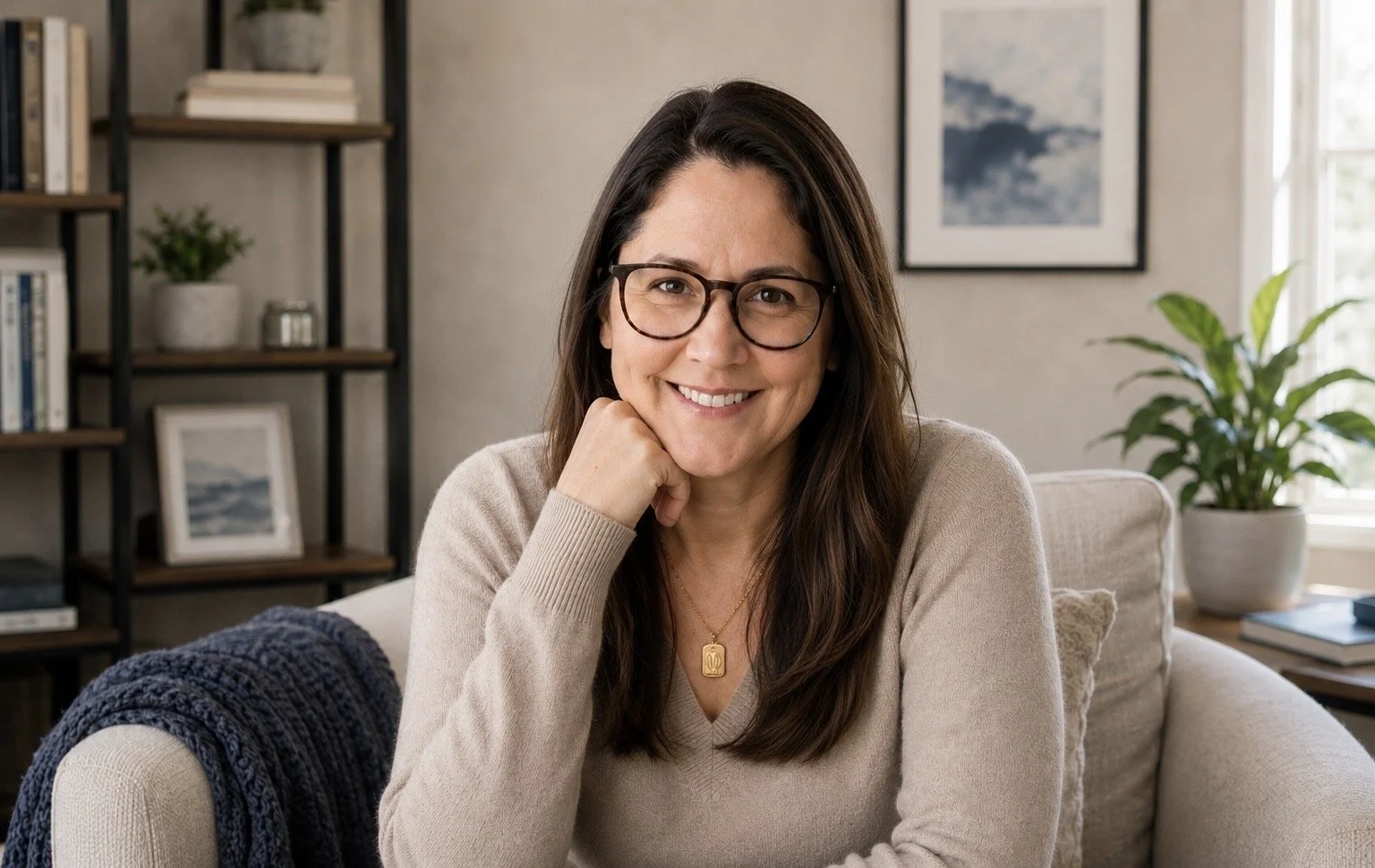 Karmen Krinn, founder of Bookkeeping Inspired, smiling in a home office setting
