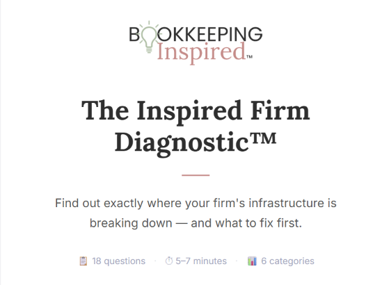 Take The Inspired Firm Diagnostic: 18 questions, 5 to 7 minutes, showing what's solid in your firm's systems and what's costing you time.