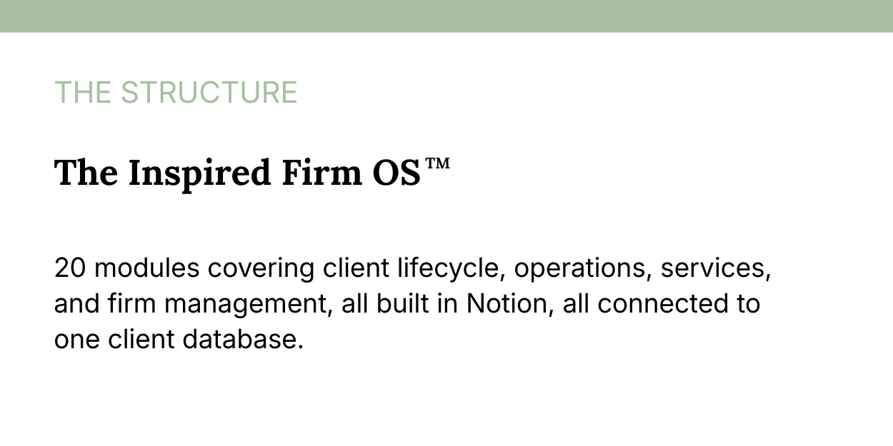 The Inspired Firm OS: 20 Notion modules covering client lifecycle, operations, services, and firm management, all connected to one client database.
