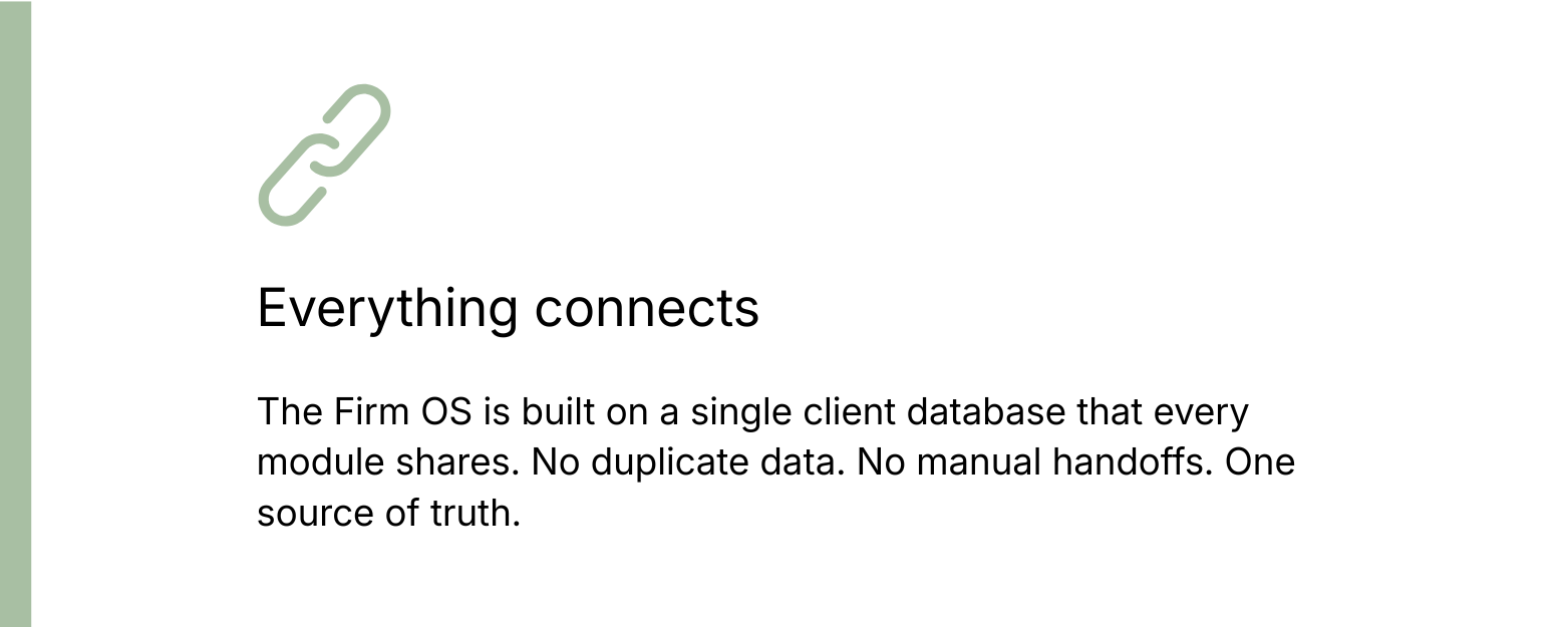 Everything connects: The Firm OS is built on a single client database that every module shares. No duplicate data. No manual handoffs. One source of truth.