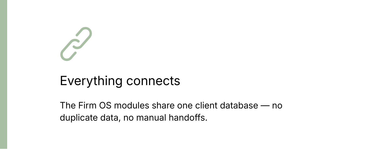 Everything connects: The Firm OS modules share one client database — no duplicate data, no manual handoffs.