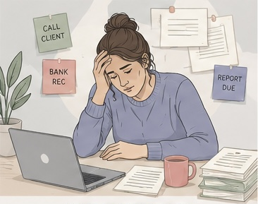 Illustration of a stressed bookkeeper surrounded by sticky note reminders and paperwork, representing tasks and processes that only exist in her head.