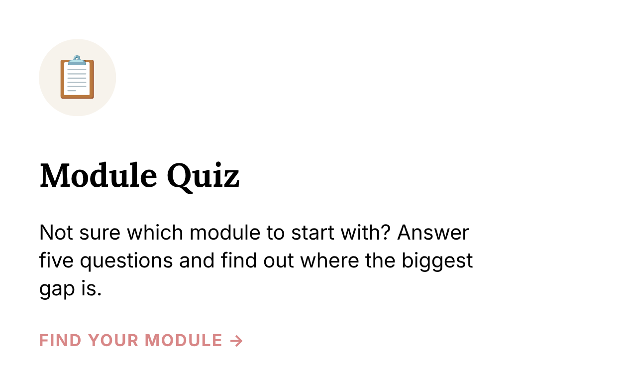 Module Quiz, not sure which module to start with, answer five questions and find out where the biggest gap is, find your module