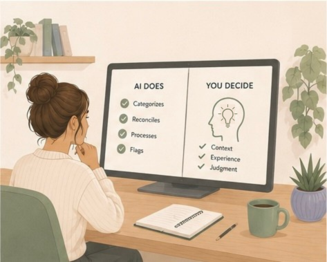 Illustrated decision path showing a bookkeeper's judgment call catching what automation would miss.