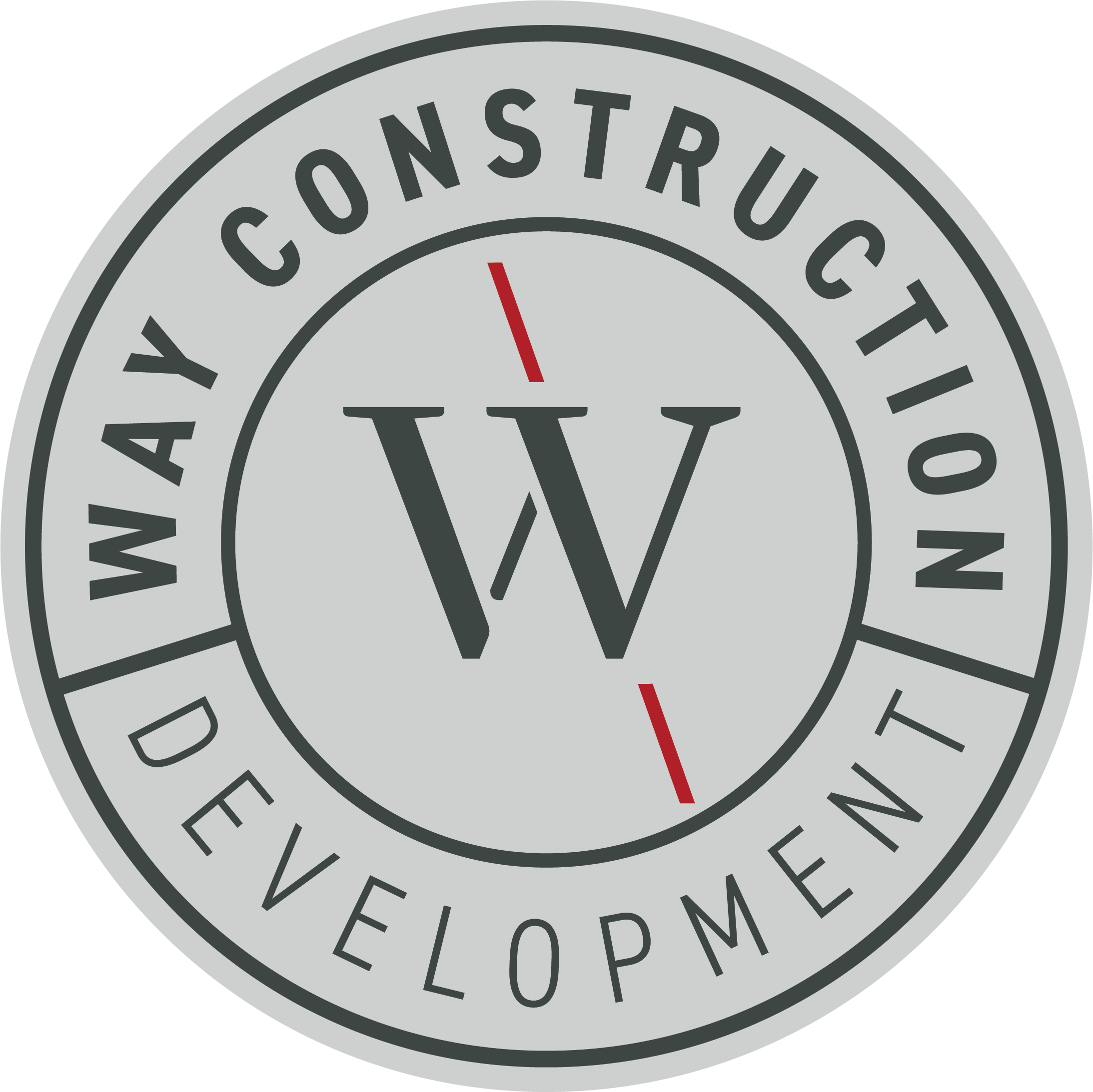 A circular logo with gray background, black text, and red accents. It features the text 'WAY CONSTRUCTION DEVELOPMENT' around the outer edge, and a central black 'W' with black lines radiating from it, resembling a compass or clock.