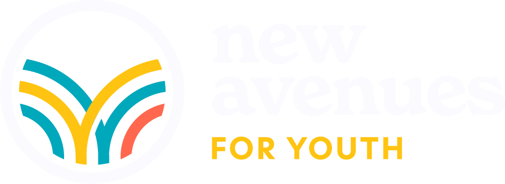 Logo for New Avenues for Youth with colorful abstract design and bold white and yellow text on a black background.