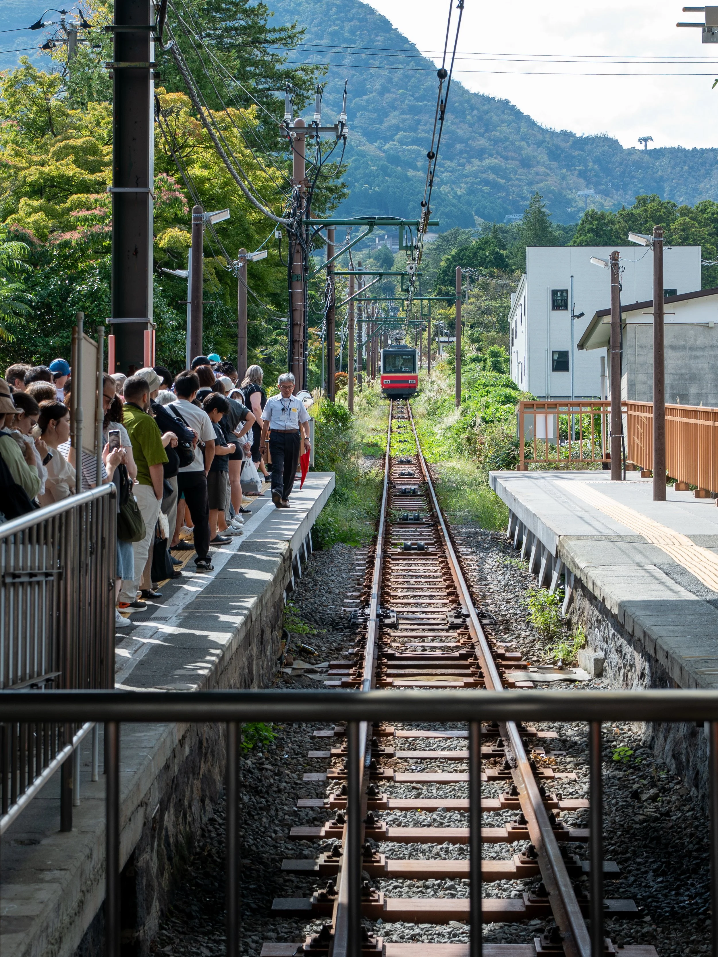 A train station with a group of people waiting on the platform as a train approaches on the track, with green trees and a mountain in the background.