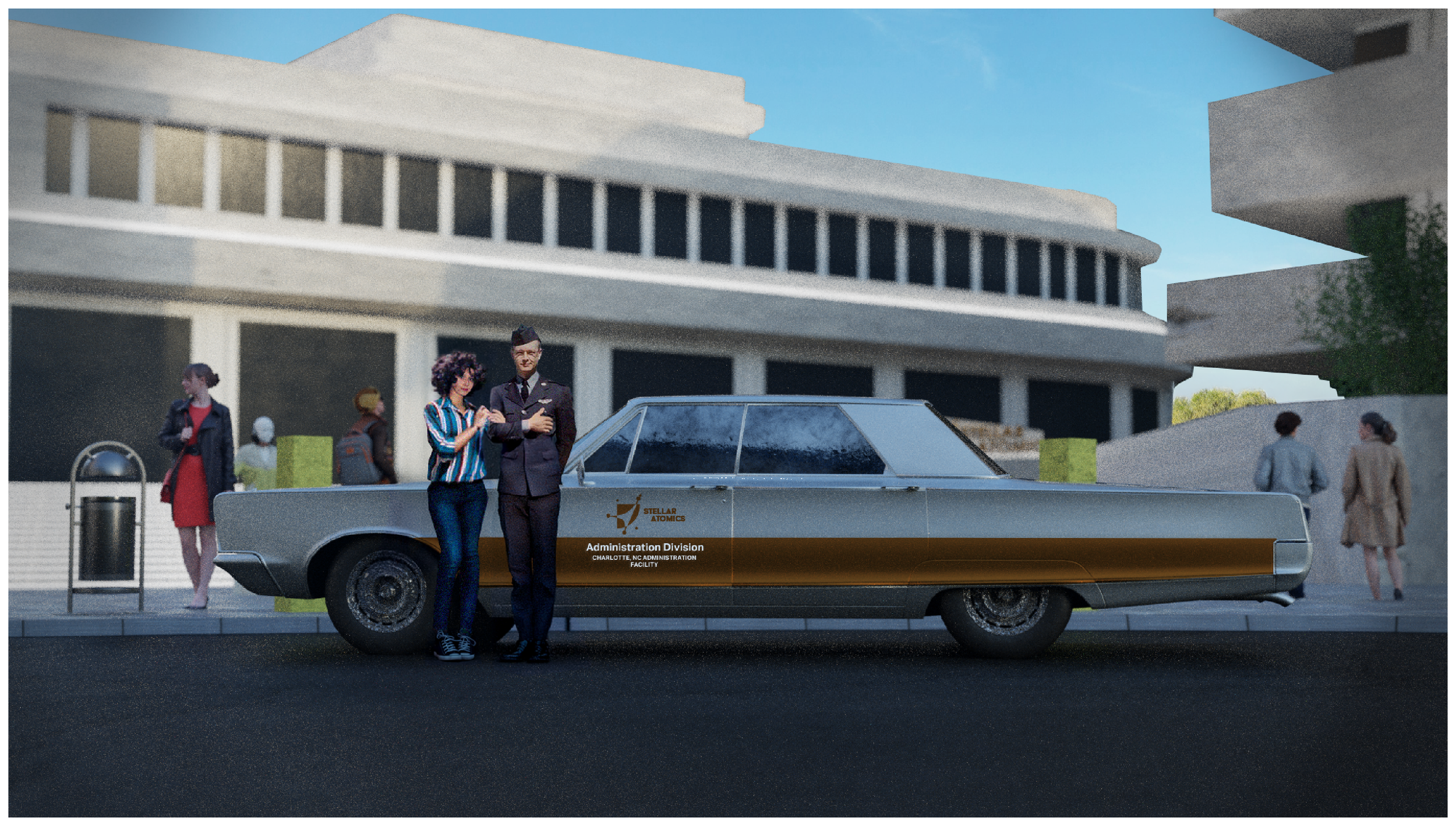 Side View of Stellar Atomics Official Use Vehicle with two individuals standing next to it.