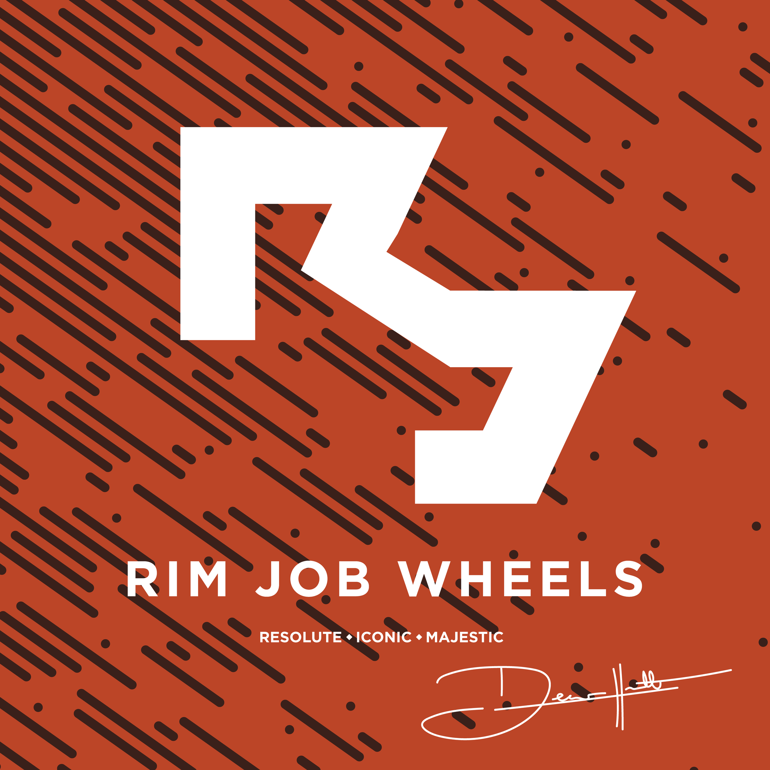A graphic design logo for Rim Job Wheels featuring a white stylized letter 'R' on an orange background with black diagonal lines and dots, and the words 'RIM JOB WHEELS' along with brand names and a signature at the bottom.