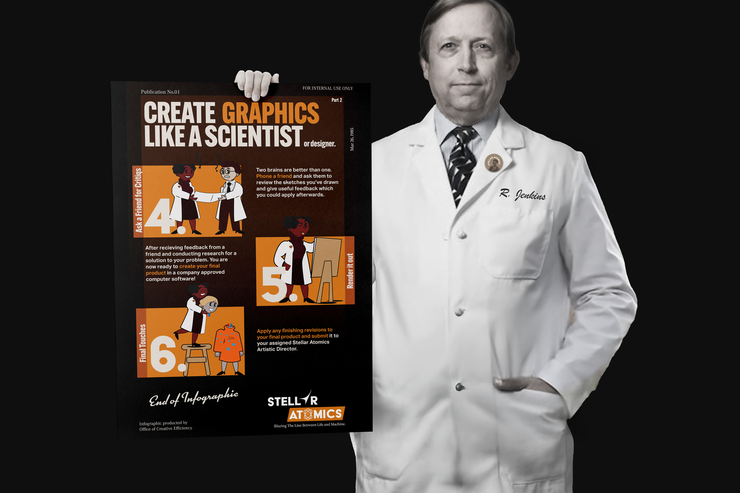 A man in a white lab coat with the name R. Jenkins embroidered on it, standing against a black background, holding a poster titled 'Create Graphics Like a Scientist or Designer' that features illustrated steps for creating an infographic.