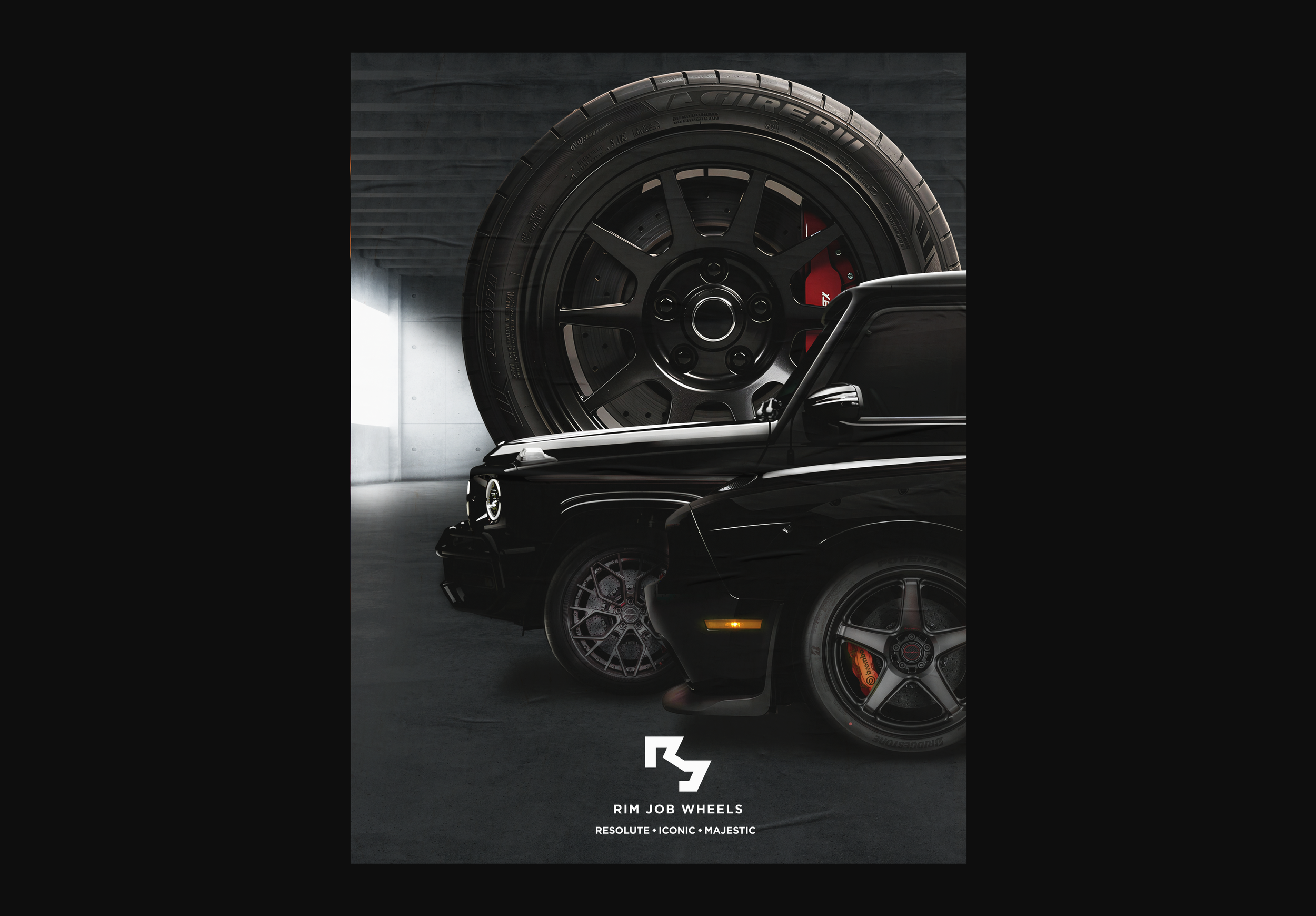 Black luxury car with custom rim wheels, parked in a dimly lit garage, with a large tire and wheel image in the background, and the text 'RIM JOB WHEELS' with the words 'RESOLUTE - ICONIC - MAJESTIC' underneath.