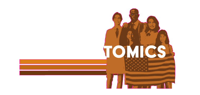 Long Form Stellar Atomics Sticker with Scientist and Android Family holding the American Flag