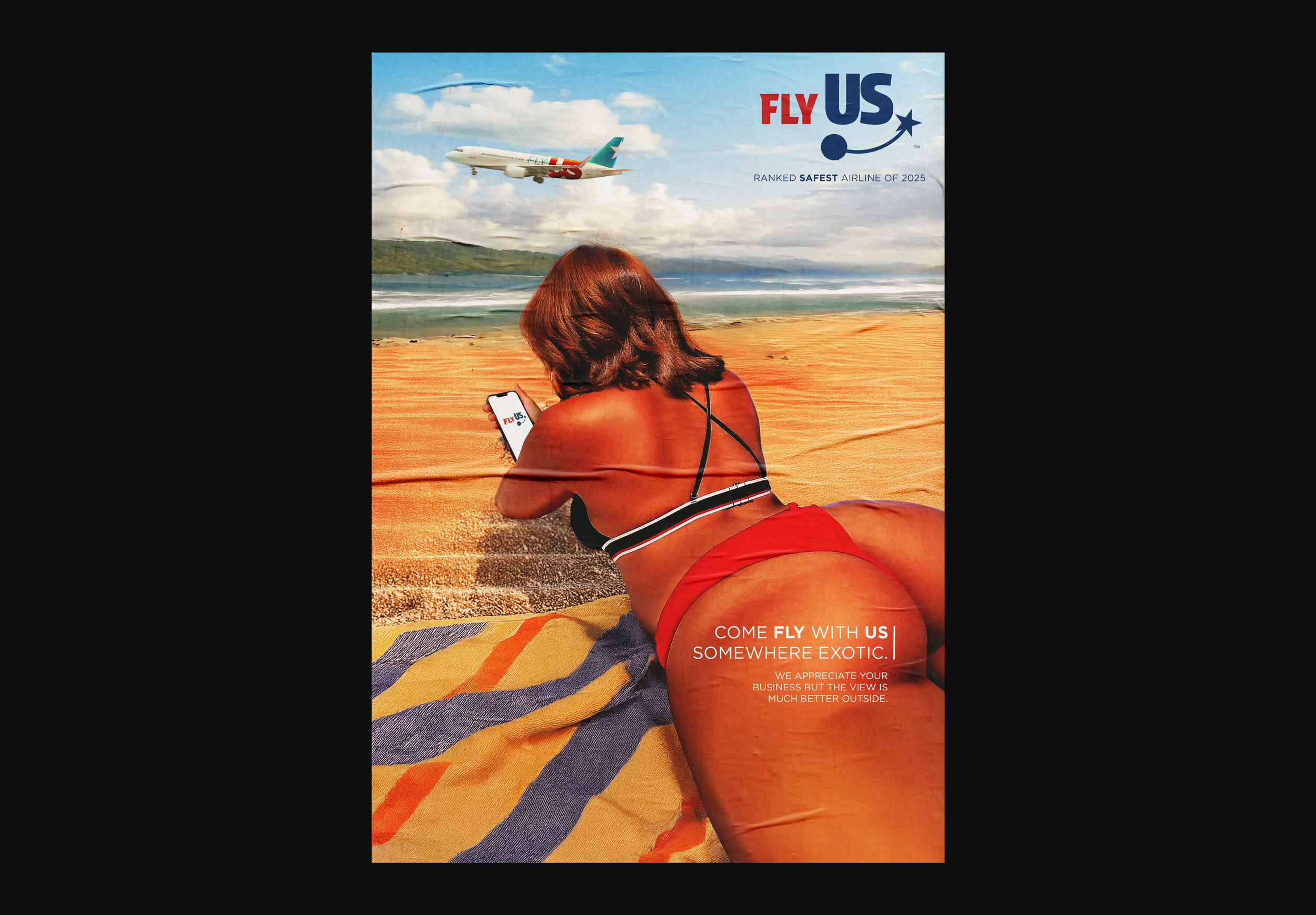 A woman lying on a beach towel on sand at the beach, looking at her phone. In the background, an airplane flies over the ocean with a partly cloudy sky. The image promotes an airline, saying 'Fly Us,' with a tagline about being the safest airline of 