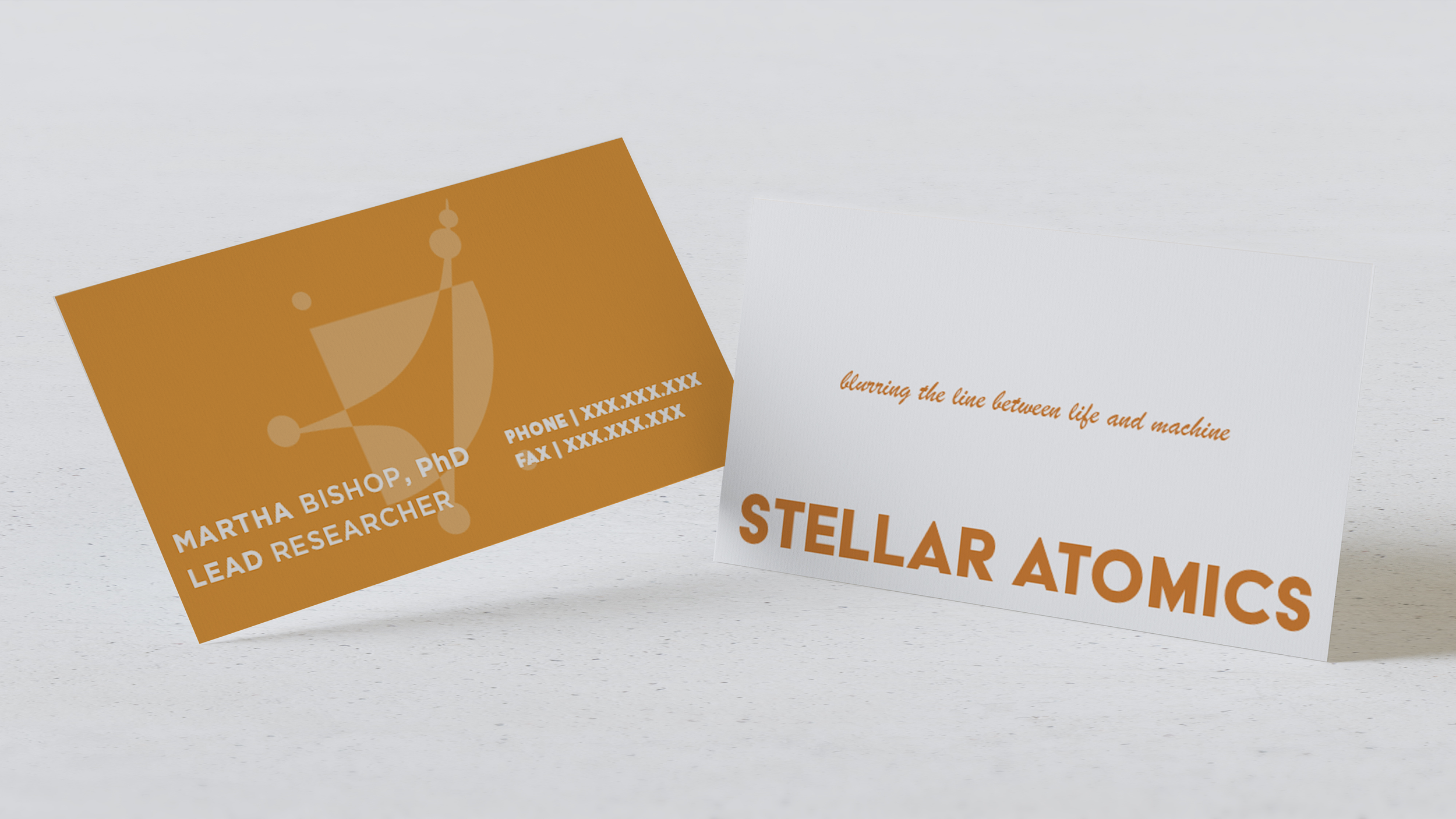 Business cards for Martha Bishop, PhD, Lead Researcher, with a science-themed logo and contact information, alongside a white card with the words "starring the line between life and machine" and "STELLAR ATOMICS" in bold, orange text.