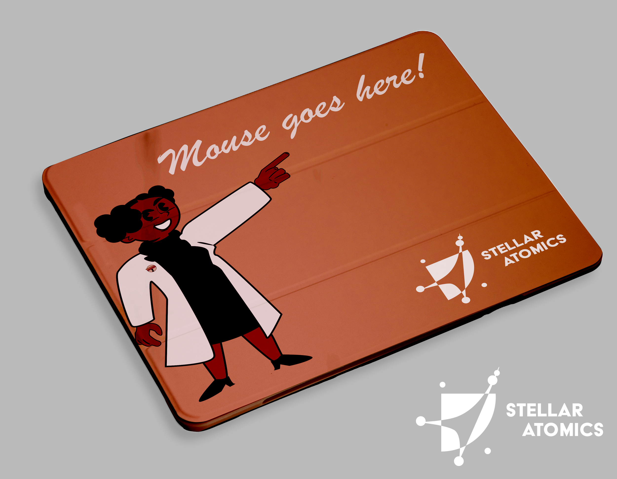 A promotional card with an illustration of a smiling woman in a white lab coat pointing upward, with the text 'Mouse goes here!' and the logo of Stellar Atomics.