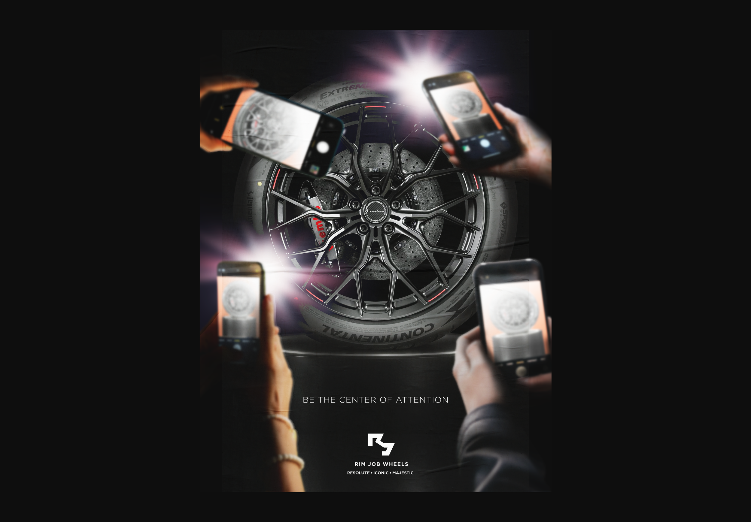 A car wheel with a large brake caliper, surrounded by four people taking photos with smartphones. The scene highlights the wheel's detail, emphasizing the rim and brake system, with light reflections and a black background. Text reads "Be the center 